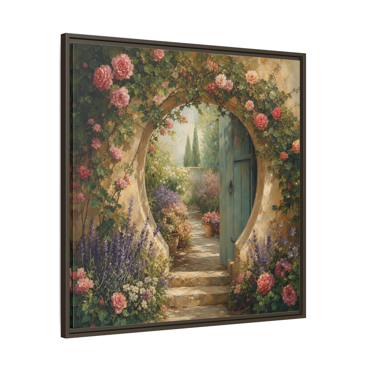 Main Mockup. Floral Rose Archway Romantic Garden shown as stretched canvas wall art