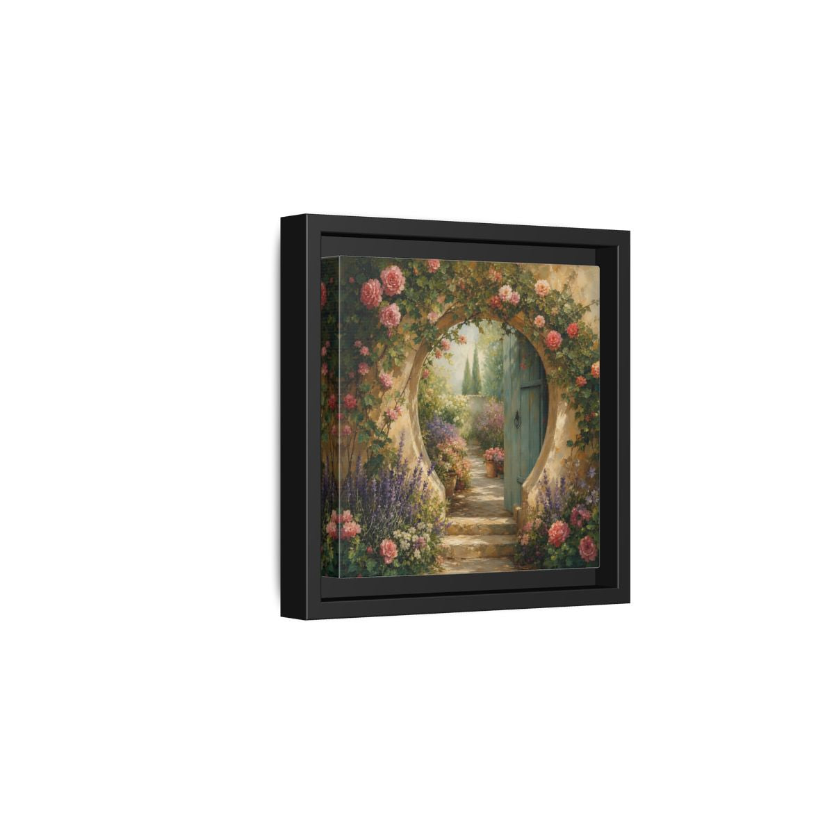 Side Mockup 3. Floral Rose Archway Romantic Garden shown as stretched canvas wall art