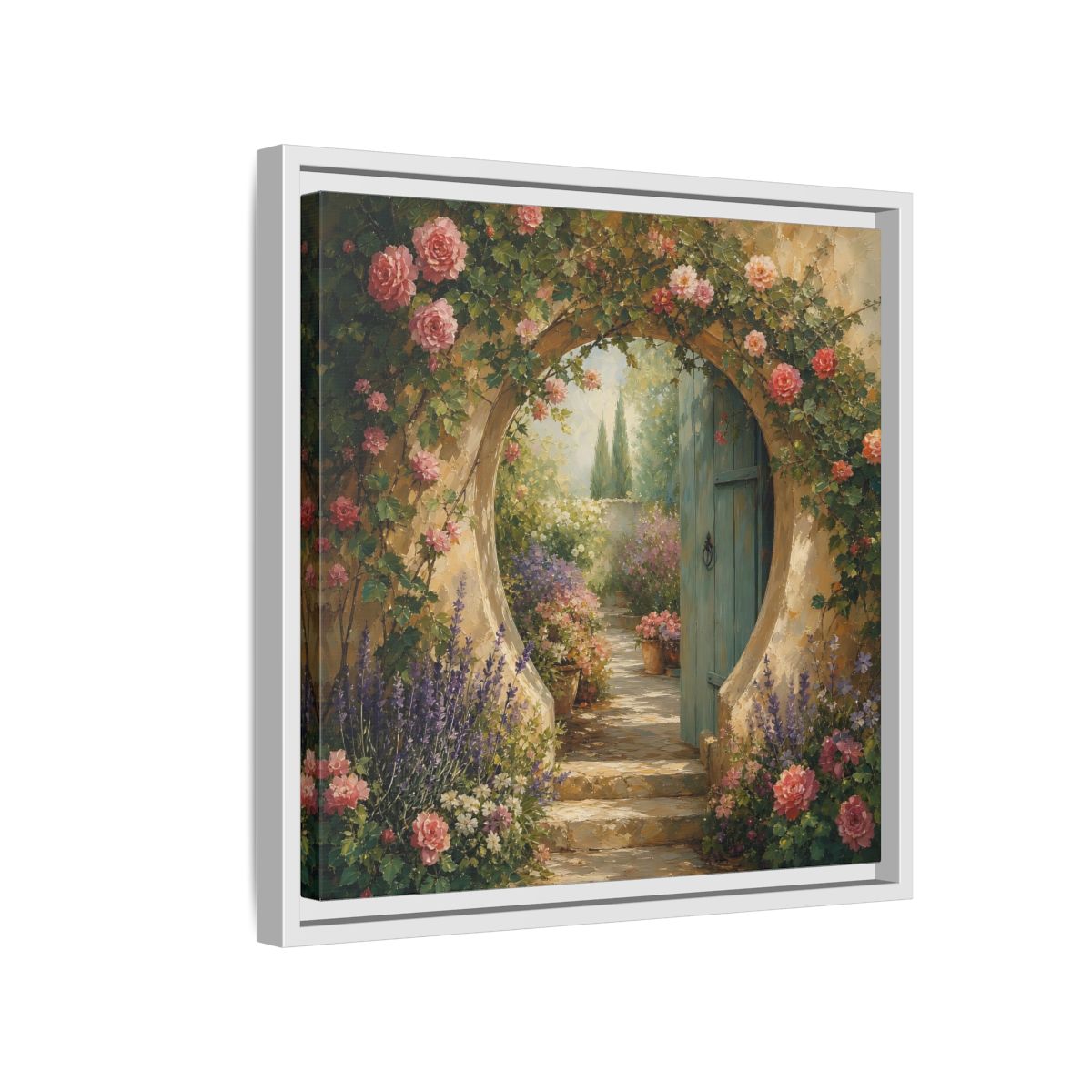 Side Mockup 13. Floral Rose Archway Romantic Garden shown as stretched canvas wall art