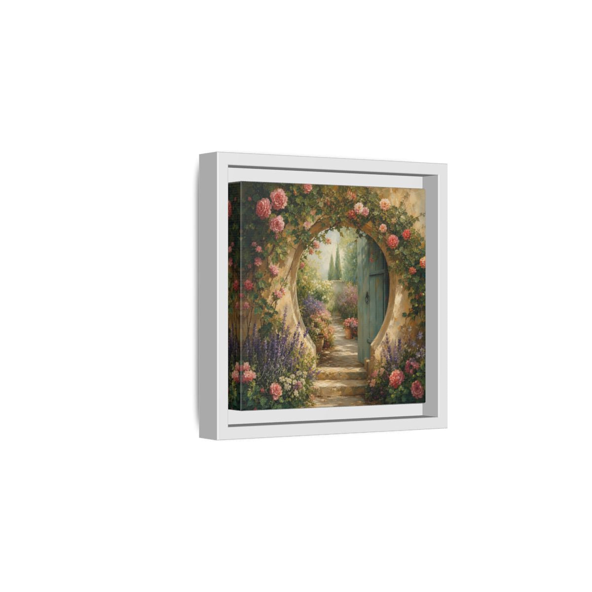 Side Mockup 1. Floral Rose Archway Romantic Garden shown as stretched canvas wall art