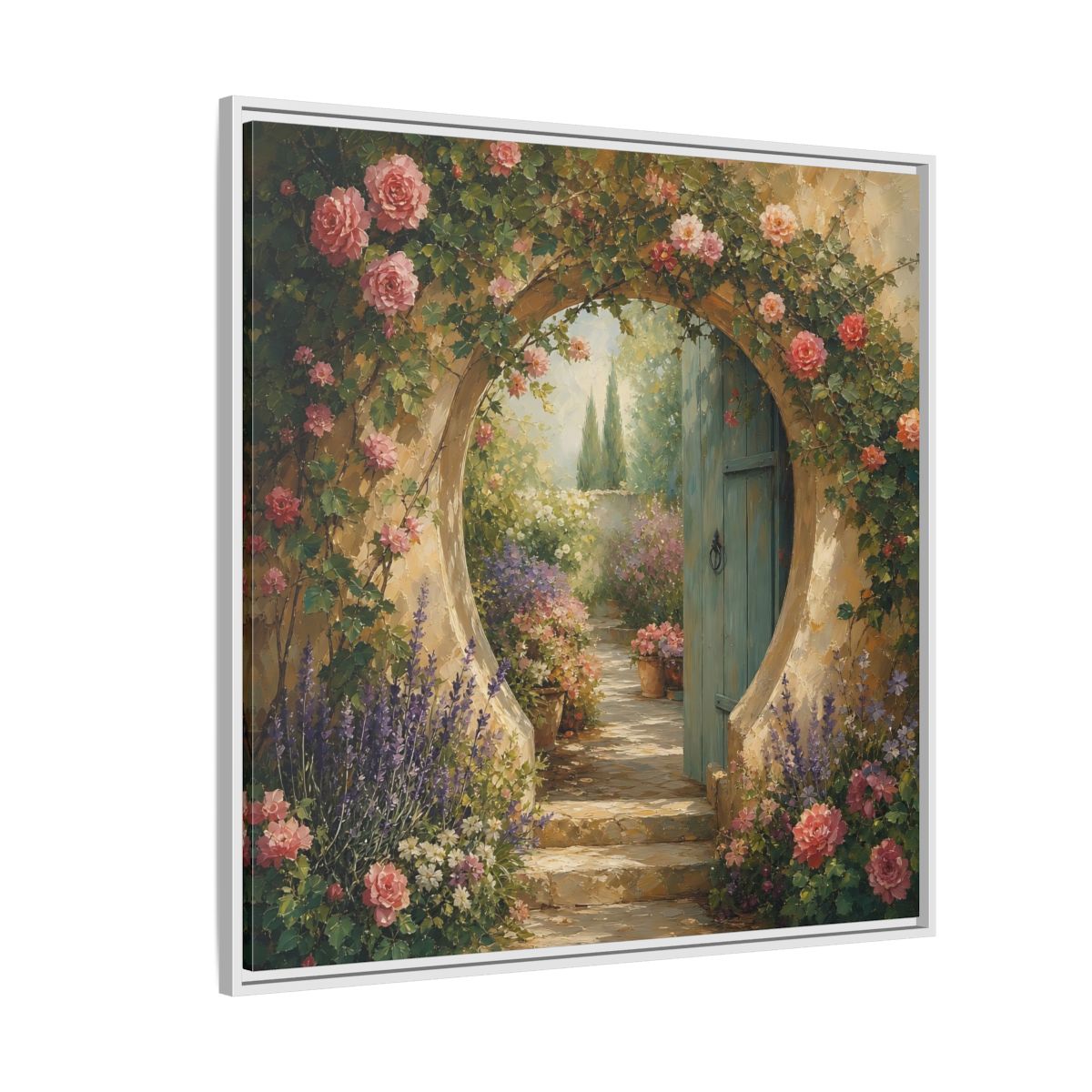 Side Mockup 4. Floral Rose Archway Romantic Garden shown as stretched canvas wall art