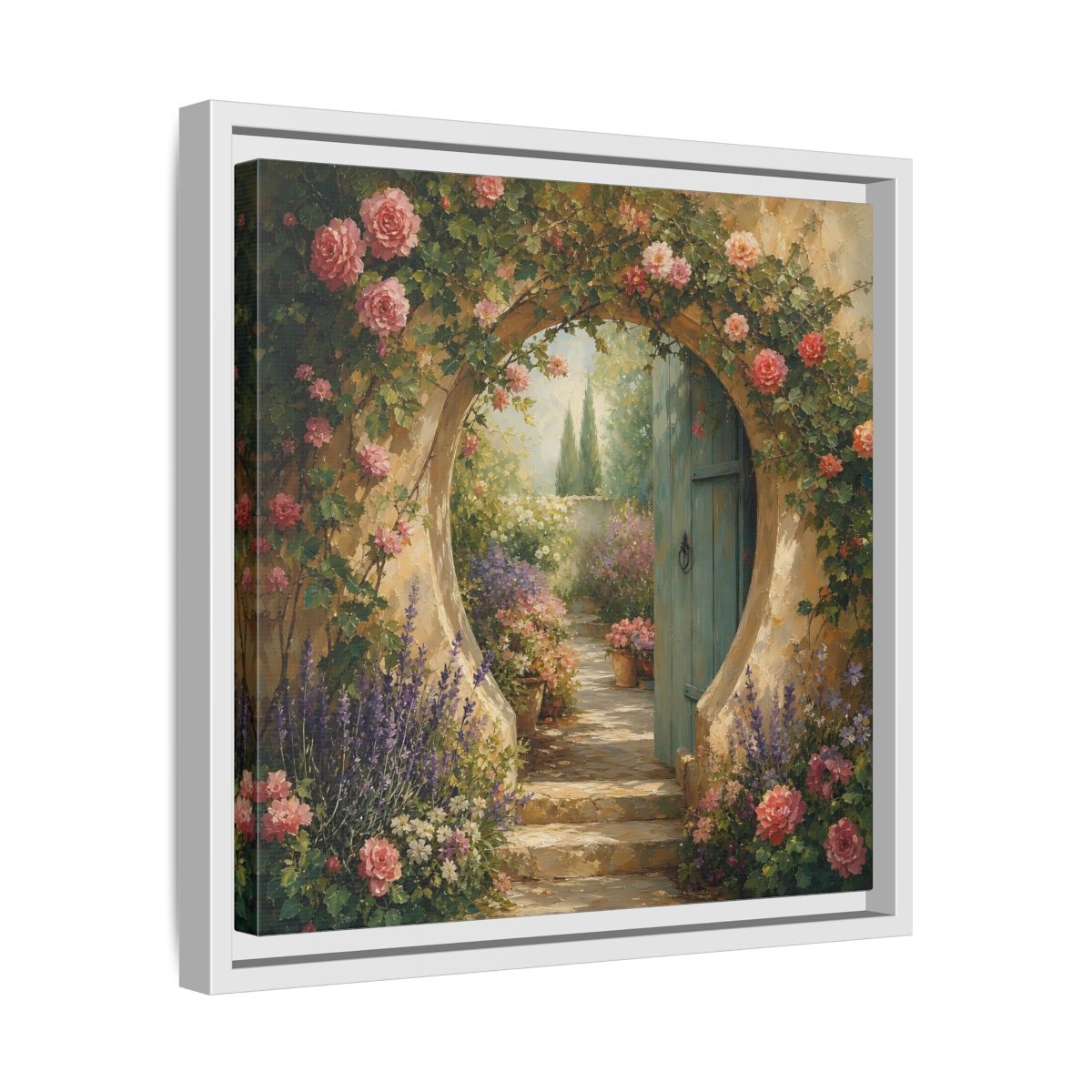 Side Mockup 28. Floral Rose Archway Romantic Garden shown as stretched canvas wall art