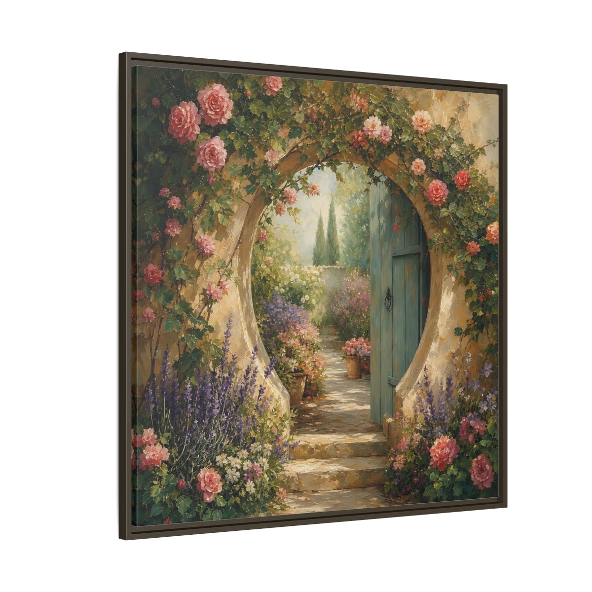 Side Mockup 5. Floral Rose Archway Romantic Garden shown as stretched canvas wall art