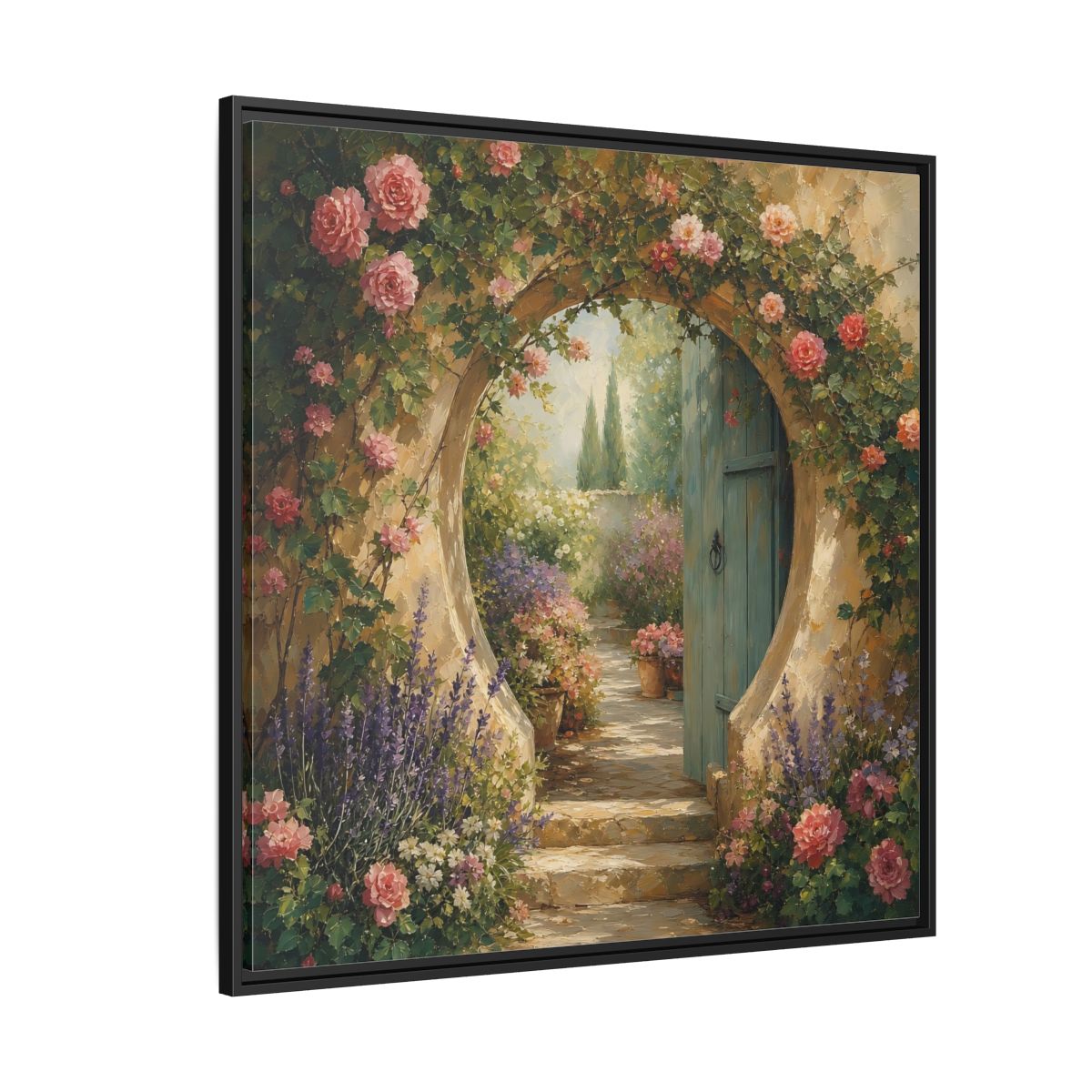 Side Mockup 6. Floral Rose Archway Romantic Garden shown as stretched canvas wall art