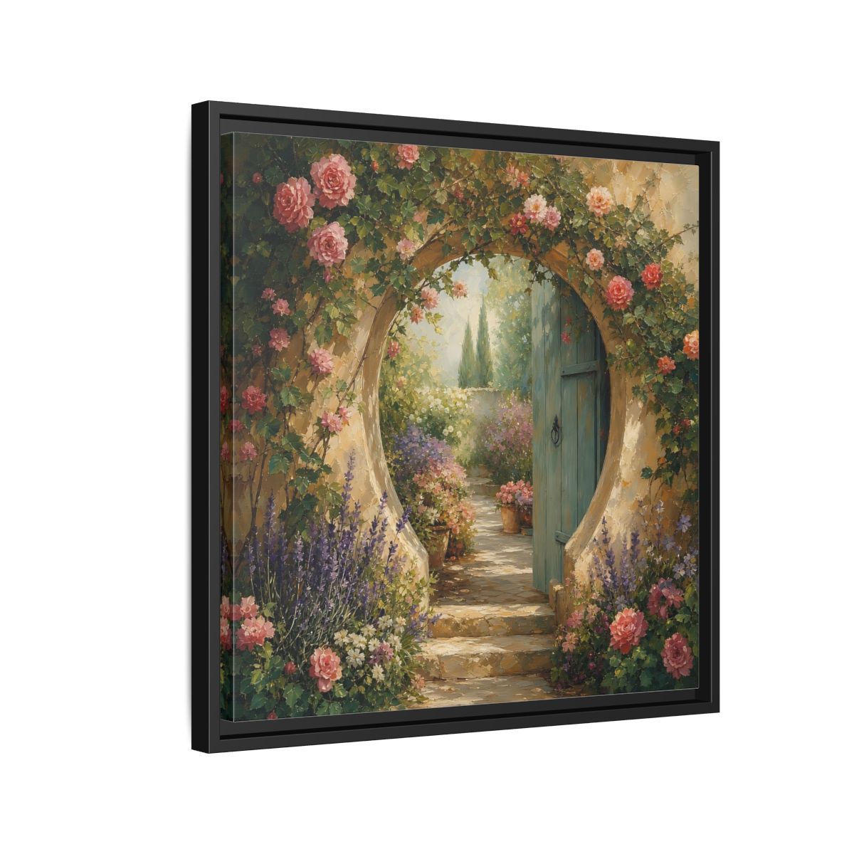 Side Mockup 12. Floral Rose Archway Romantic Garden shown as stretched canvas wall art