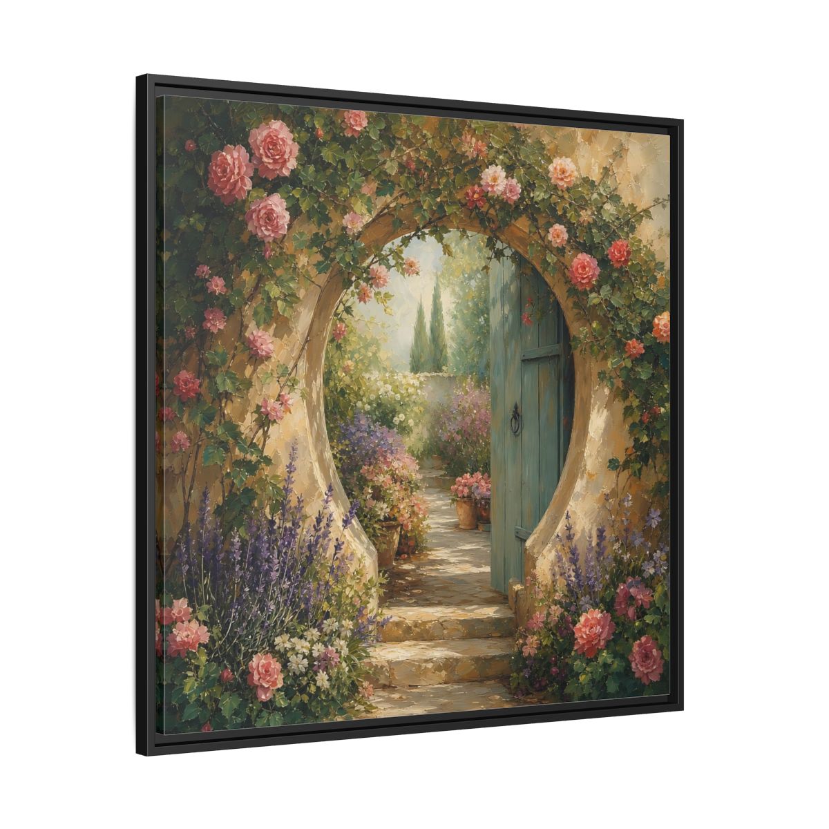 Side Mockup 30. Floral Rose Archway Romantic Garden shown as stretched canvas wall art