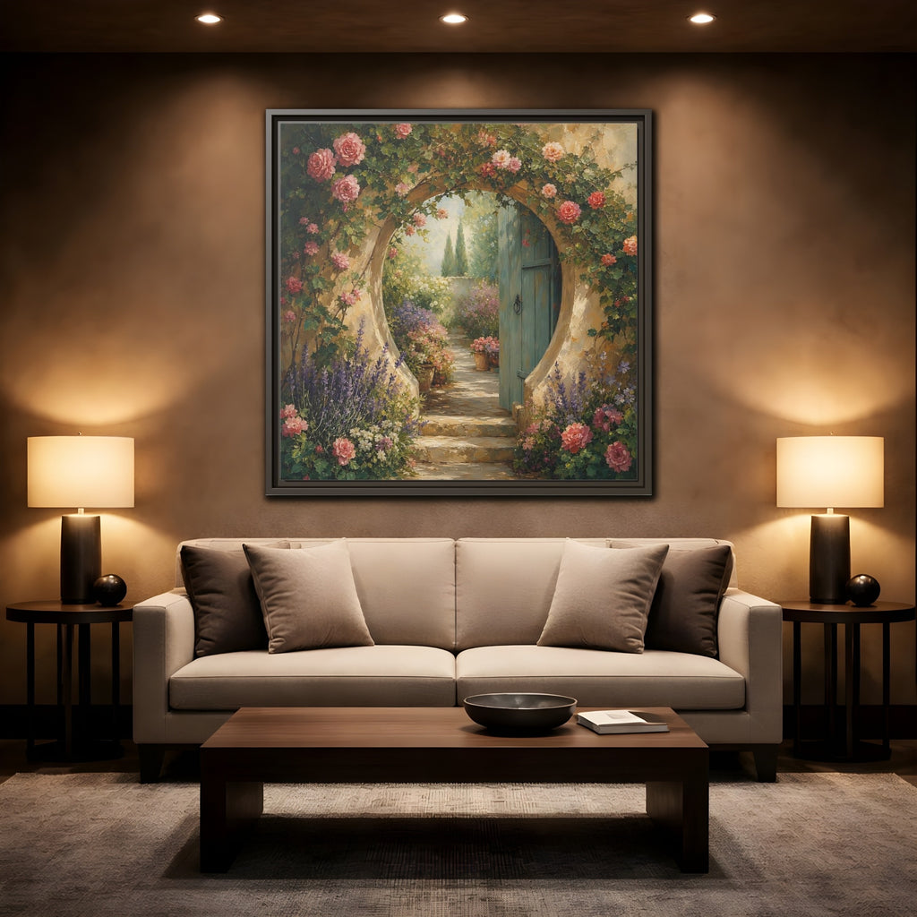 Mockup 2. Floral Rose Archway Romantic Garden shown as stretched canvas wall art