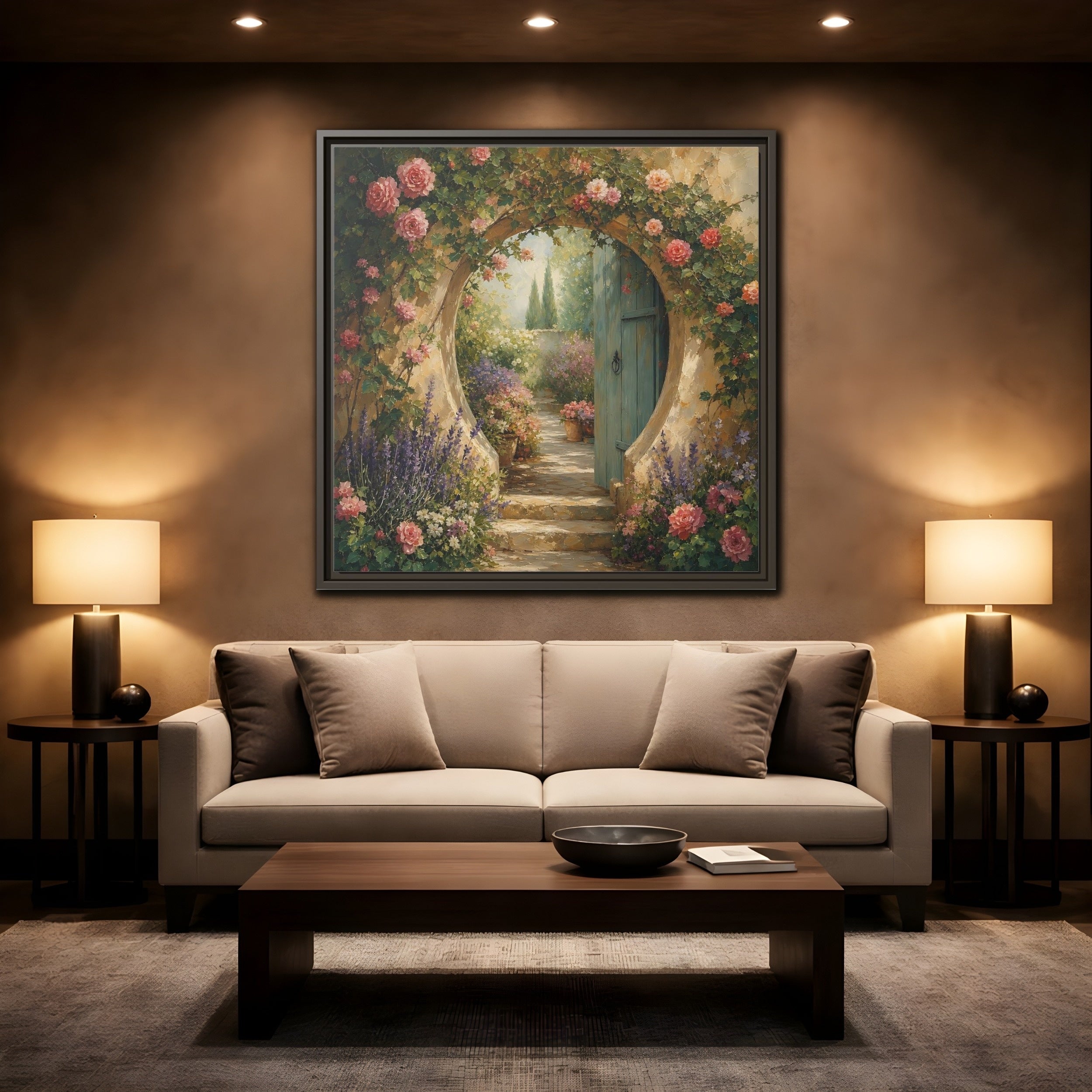 Mockup 2. Floral Rose Archway Romantic Garden shown as stretched canvas wall art