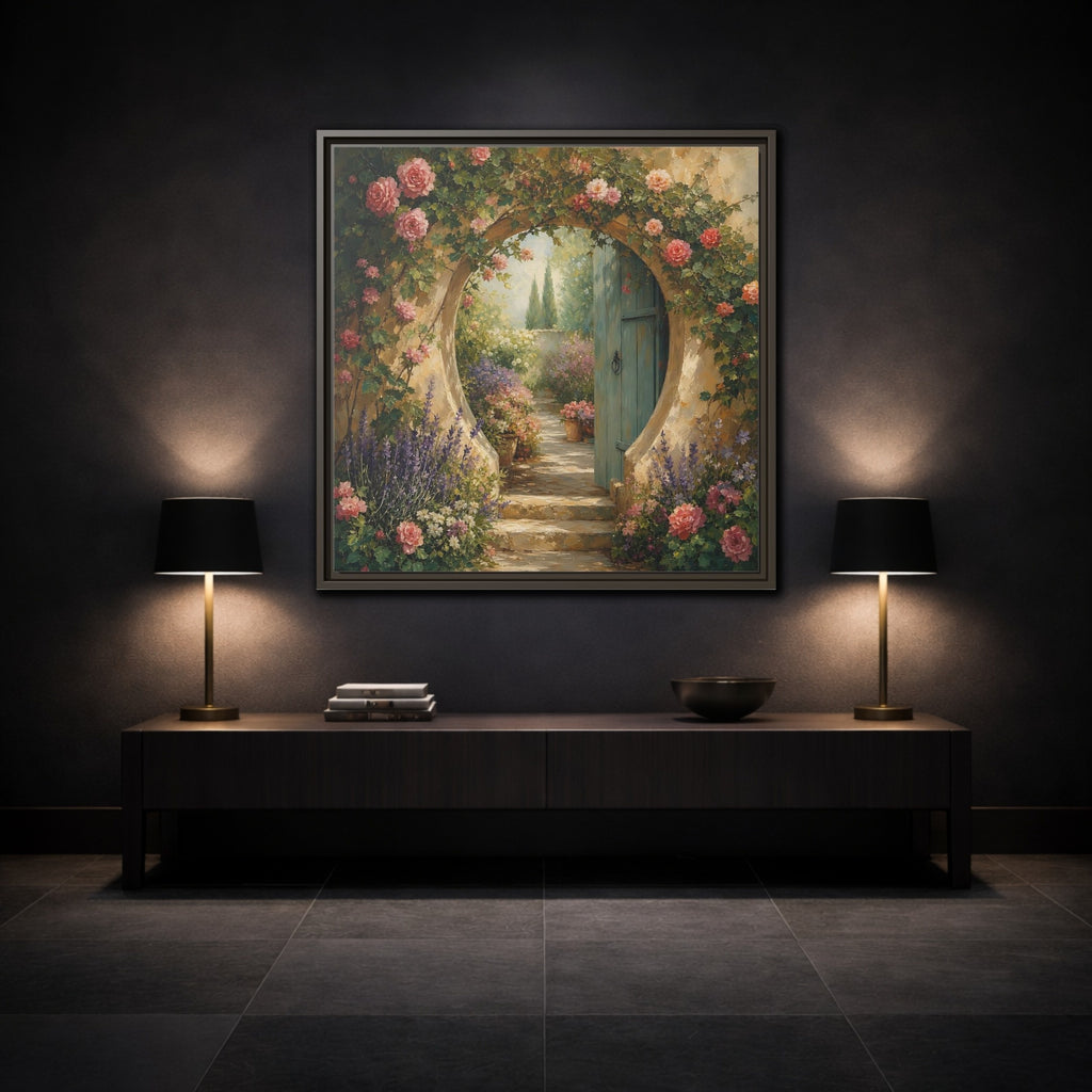 Mockup 3. Floral Rose Archway Romantic Garden shown as stretched canvas wall art
