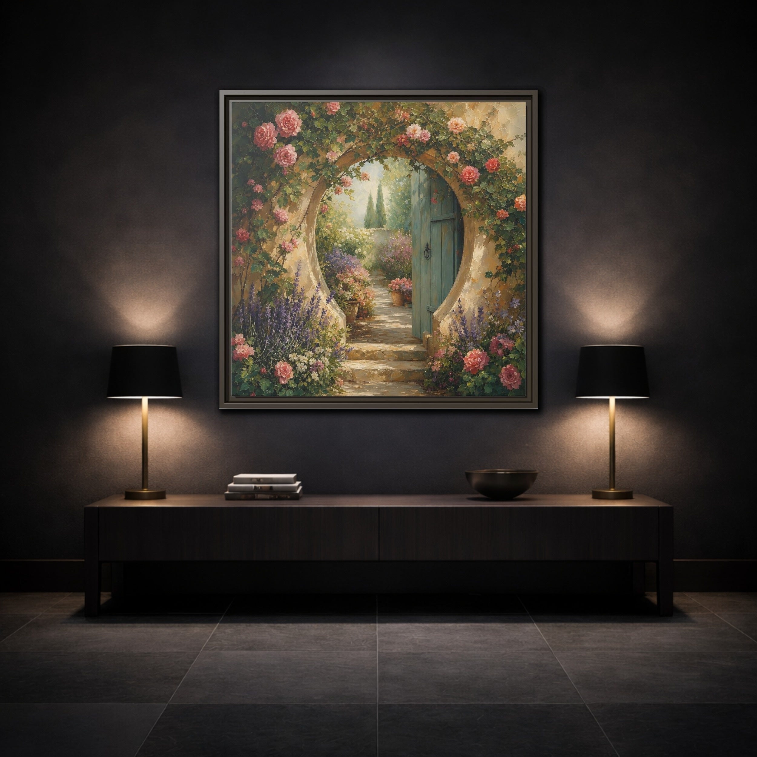Mockup 3. Floral Rose Archway Romantic Garden shown as stretched canvas wall art