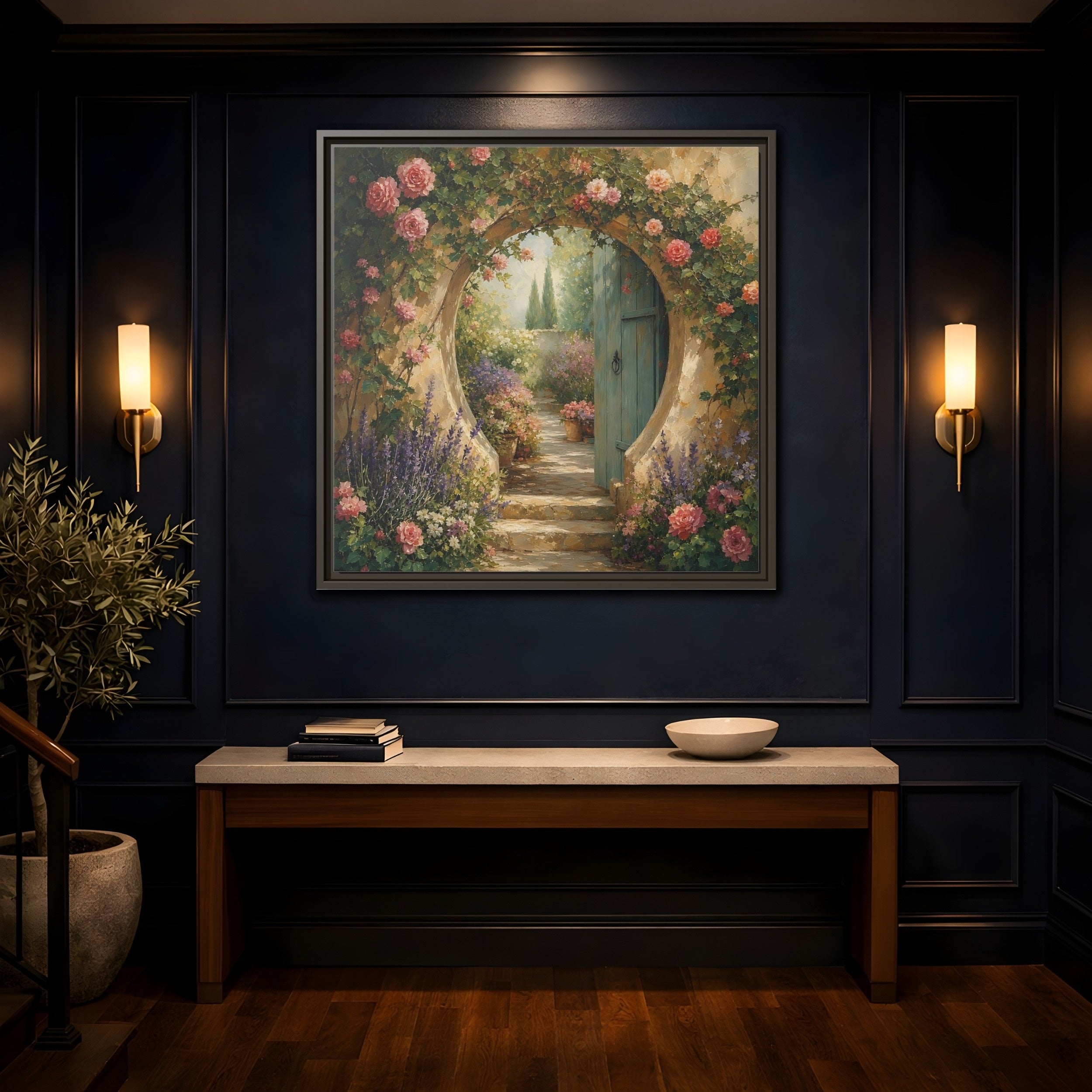 Mockup 4. Floral Rose Archway Romantic Garden shown as stretched canvas wall art