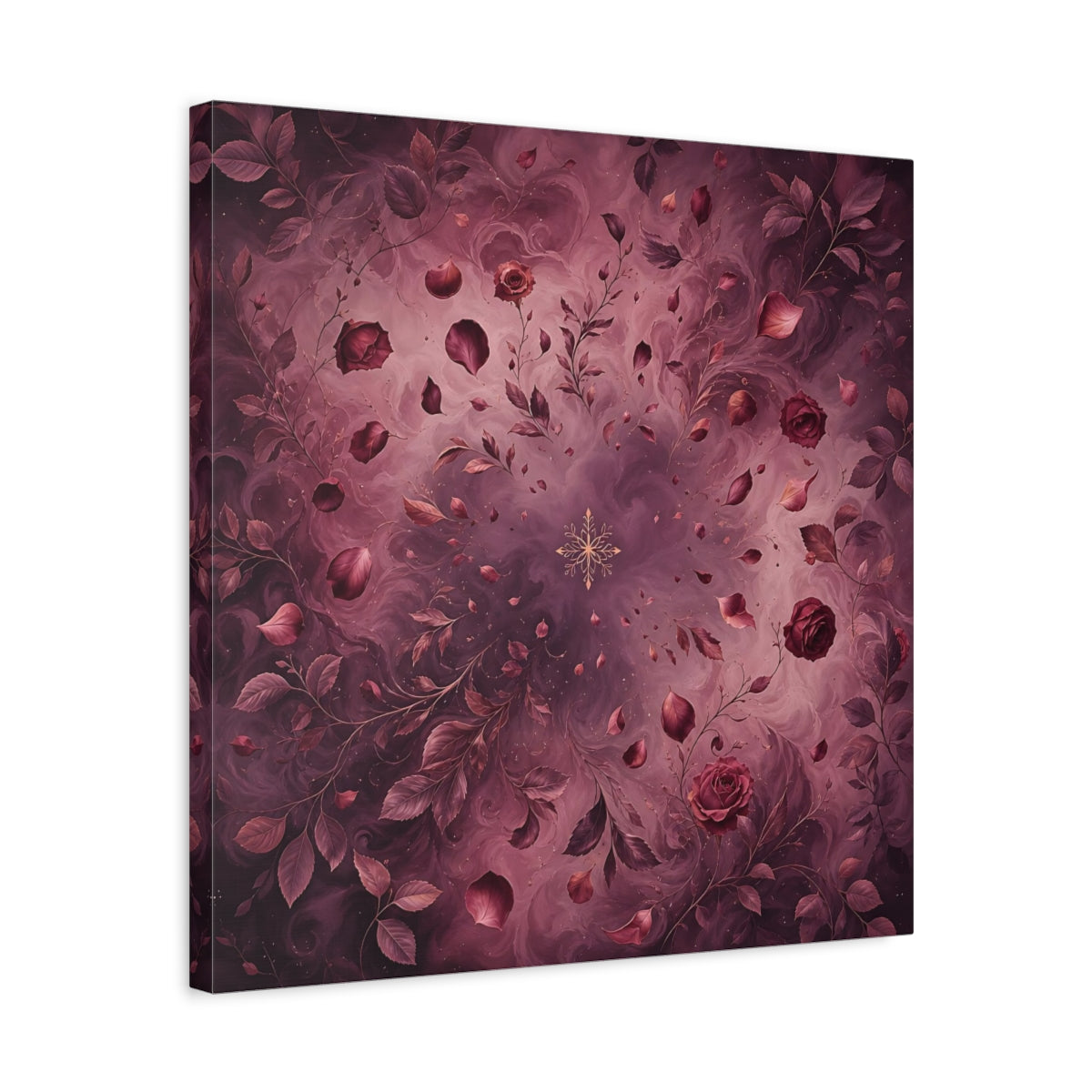 Side Mockup 5. Floral Roses Burgundy Floral shown as stretched canvas wall art