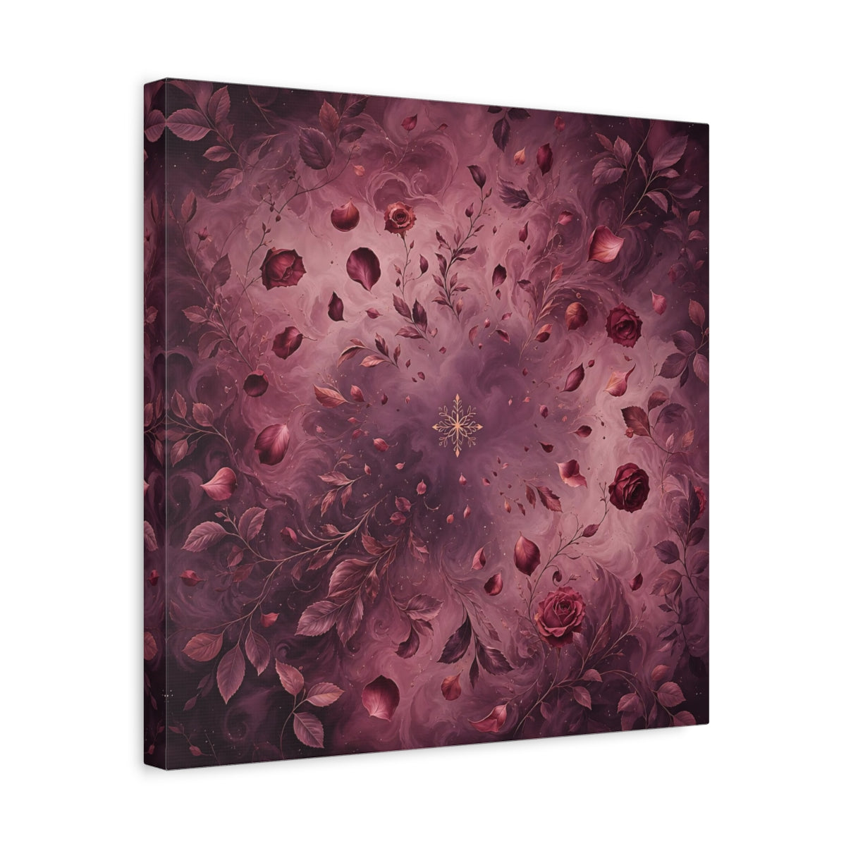 Side Mockup 6. Floral Roses Burgundy Floral shown as stretched canvas wall art