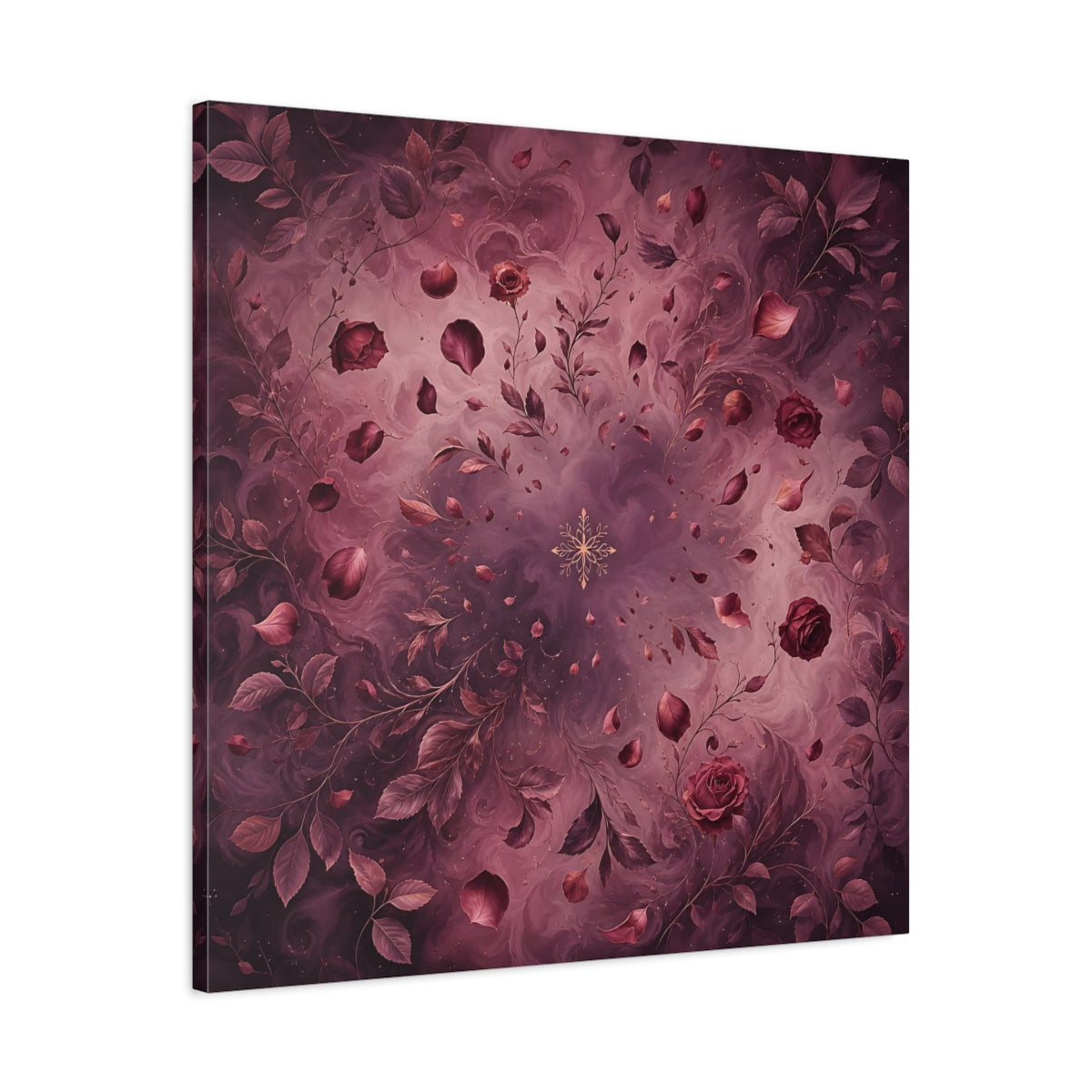 Side Mockup 3. Floral Roses Burgundy Floral shown as stretched canvas wall art