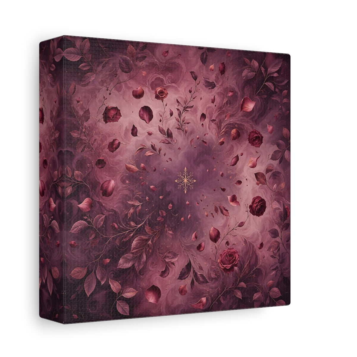 Side Mockup 2. Floral Roses Burgundy Floral shown as stretched canvas wall art