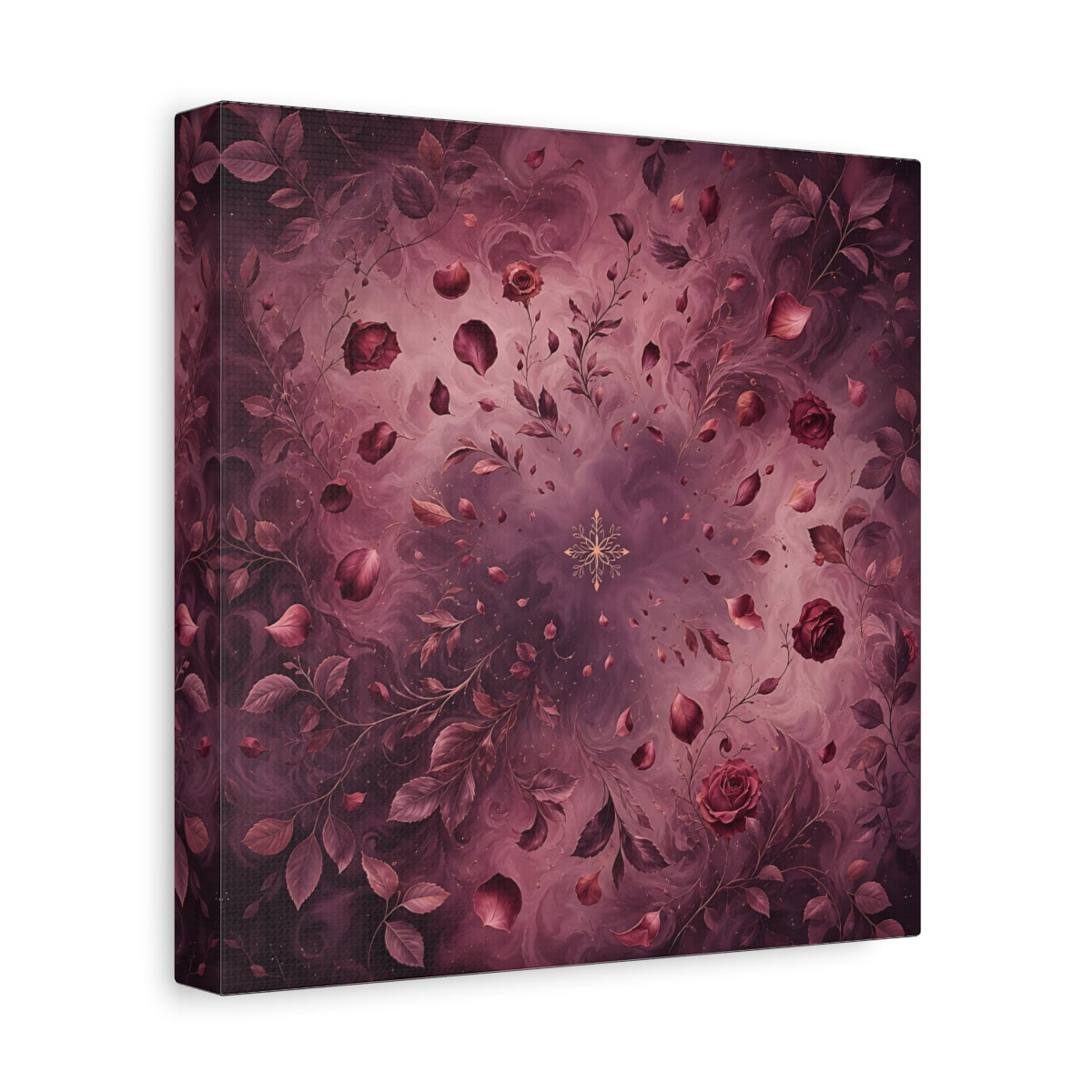 Side Mockup 9. Floral Roses Burgundy Floral shown as stretched canvas wall art