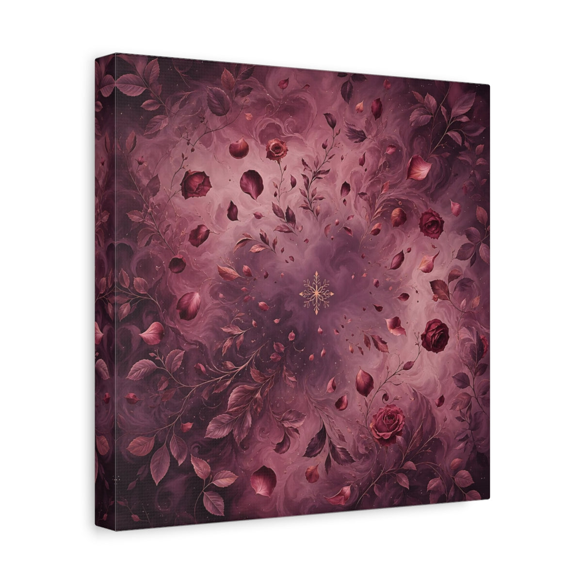 Side Mockup 8. Floral Roses Burgundy Floral shown as stretched canvas wall art