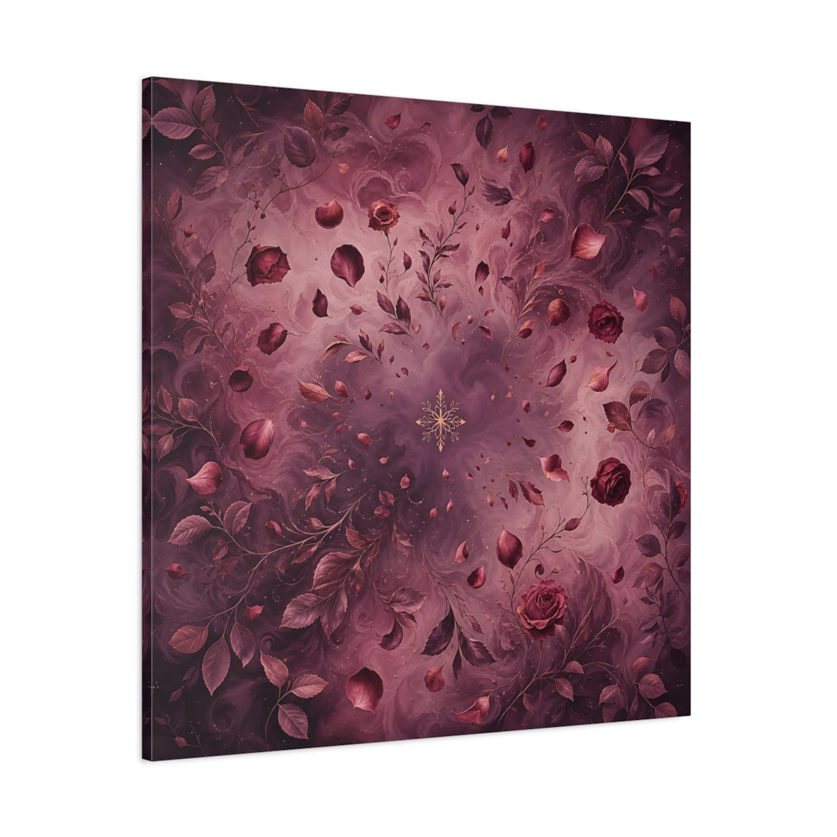 Side Mockup 1. Floral Roses Burgundy Floral shown as stretched canvas wall art