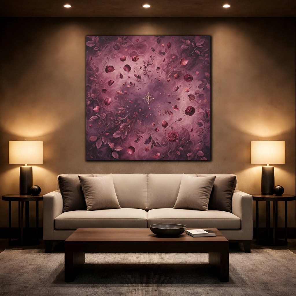 Mockup 2. Floral Roses Burgundy Floral shown as stretched canvas wall art