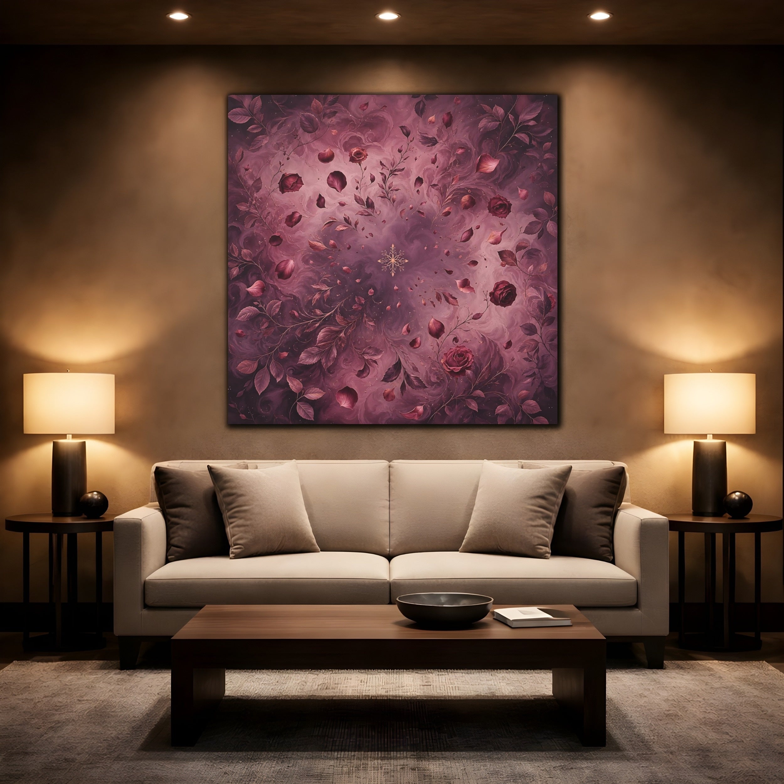 Mockup 2. Floral Roses Burgundy Floral shown as stretched canvas wall art