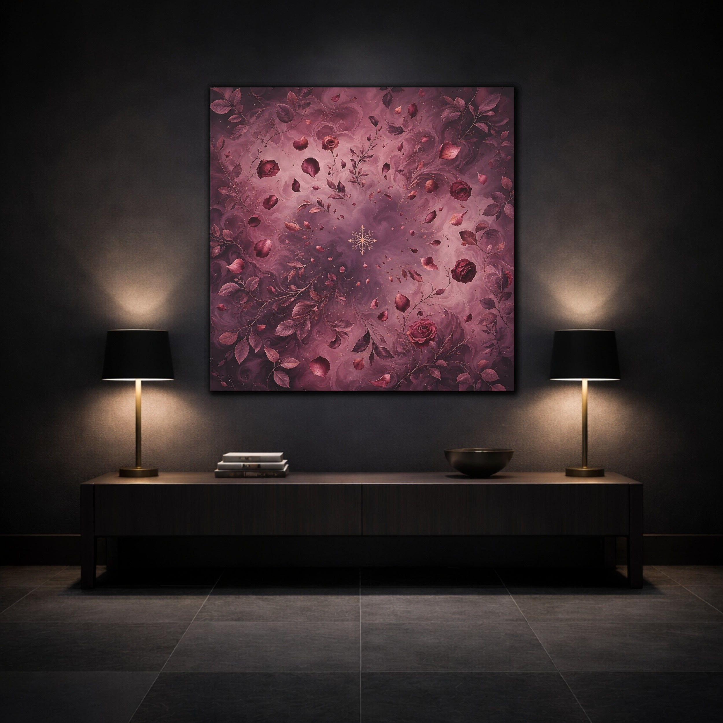 Mockup 3. Floral Roses Burgundy Floral shown as stretched canvas wall art