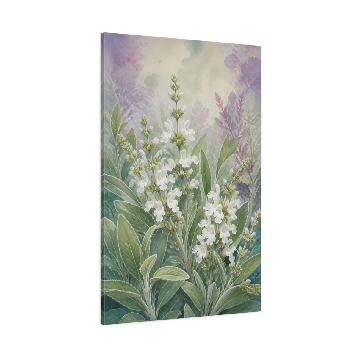 Side Mockup 1. Floral Sage Flowers White Green Purple shown as stretched canvas wall art
