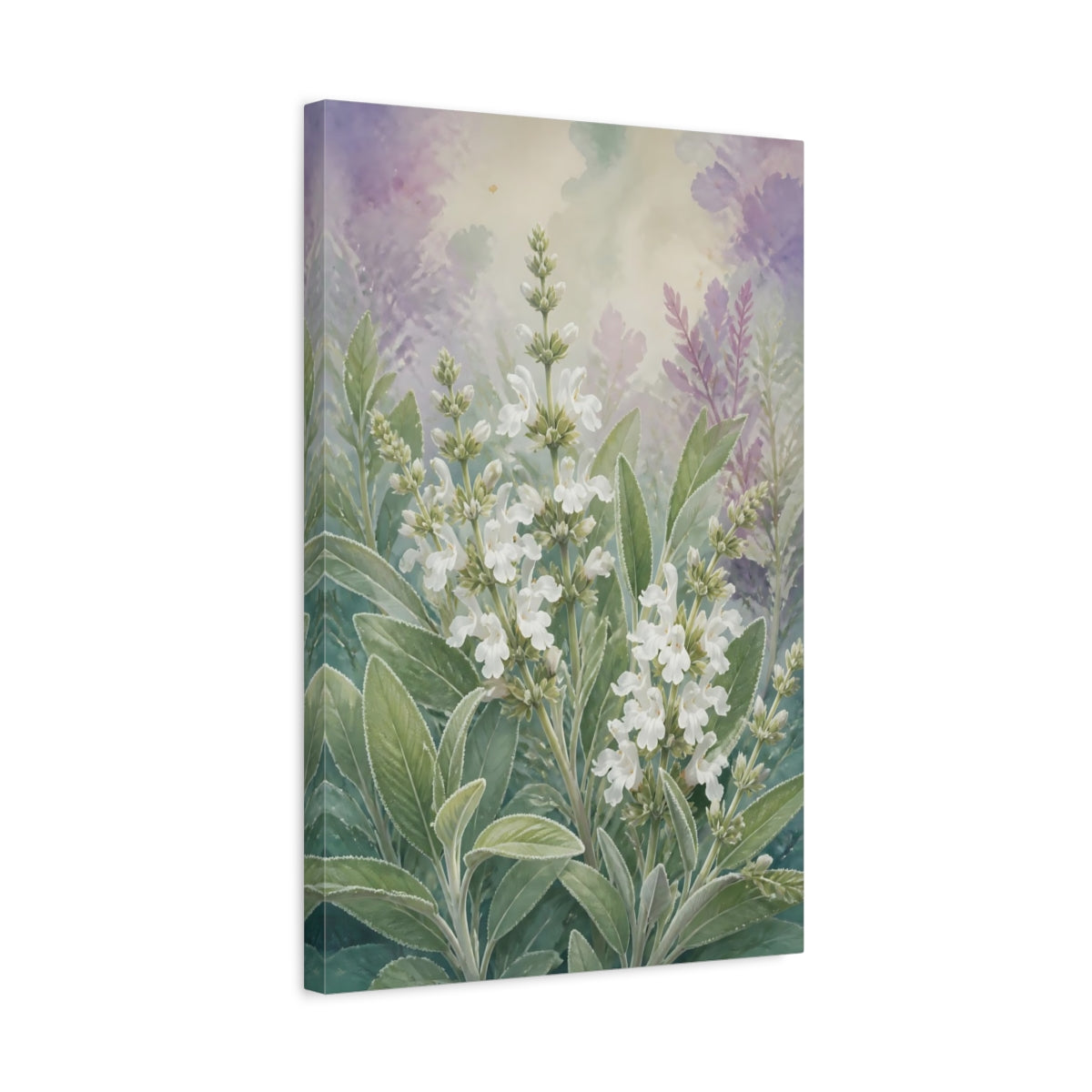 Side Mockup 3. Floral Sage Flowers White Green Purple shown as stretched canvas wall art