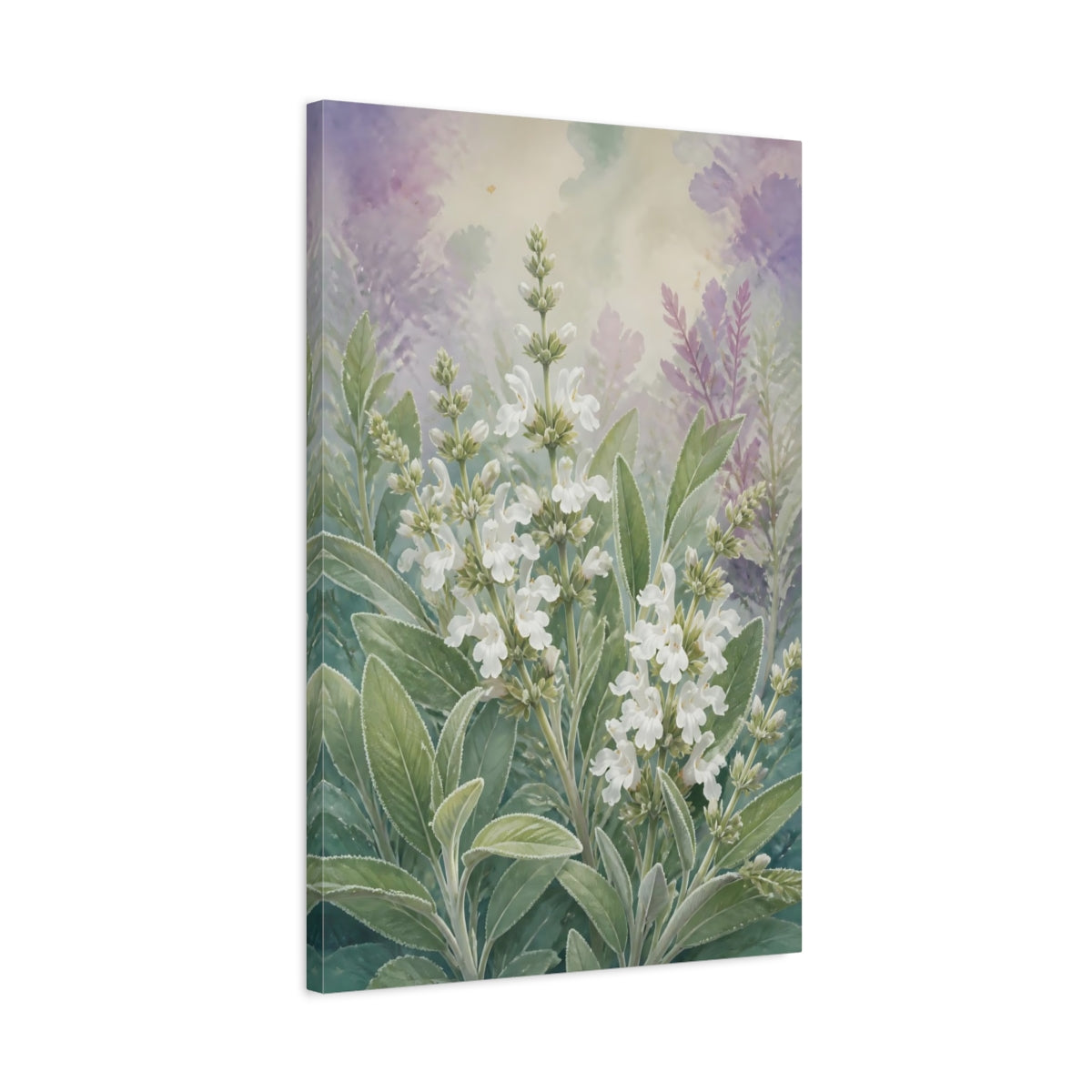 Side Mockup 2. Floral Sage Flowers White Green Purple shown as stretched canvas wall art