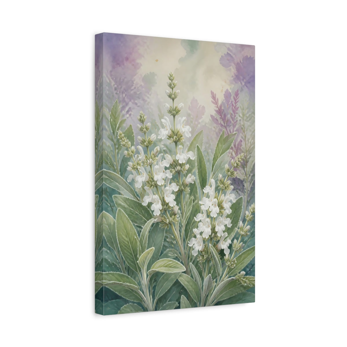Side Mockup 4. Floral Sage Flowers White Green Purple shown as stretched canvas wall art