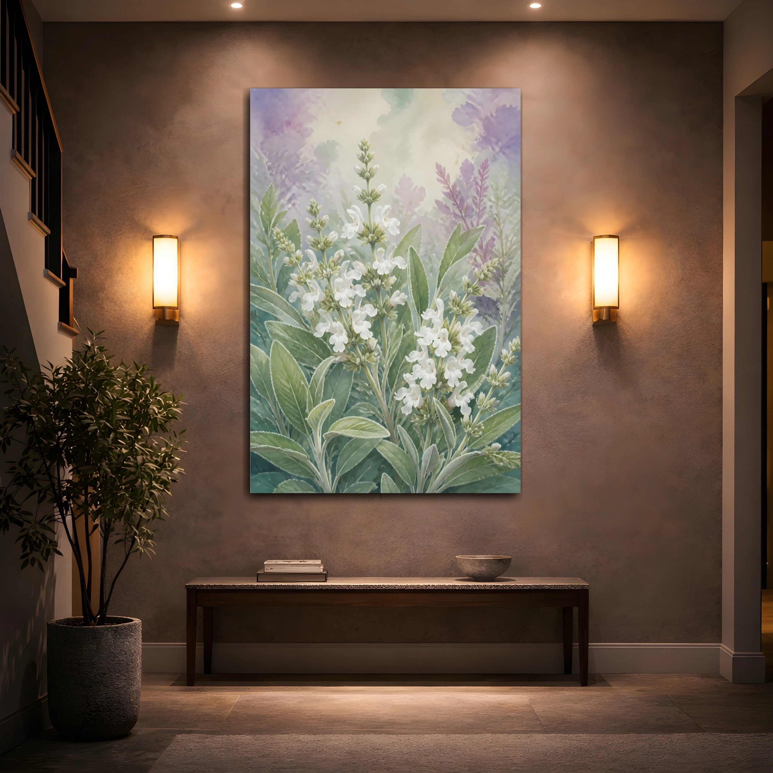Mockup 2. Floral Sage Flowers White Green Purple shown as stretched canvas wall art