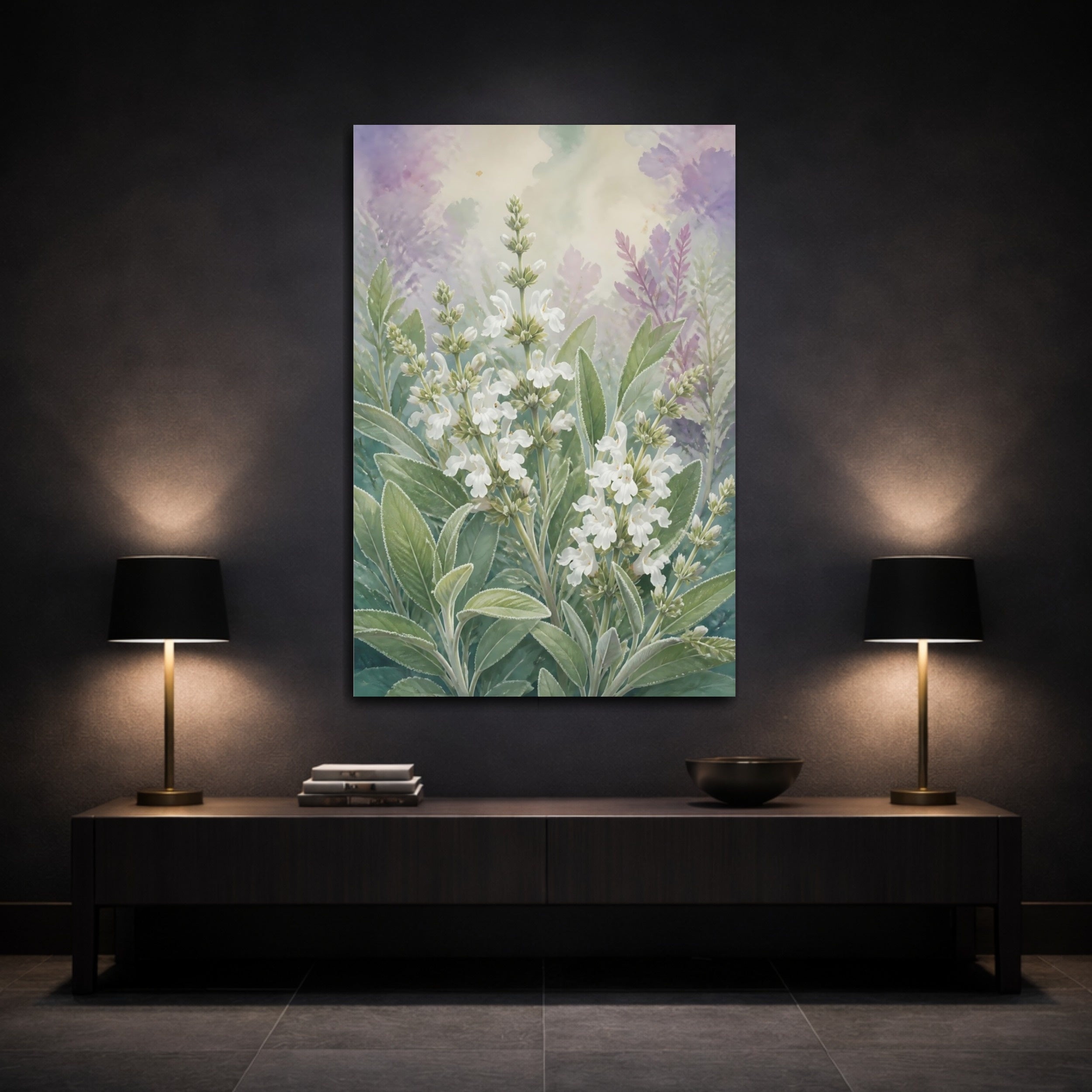 Mockup 3. Floral Sage Flowers White Green Purple shown as stretched canvas wall art