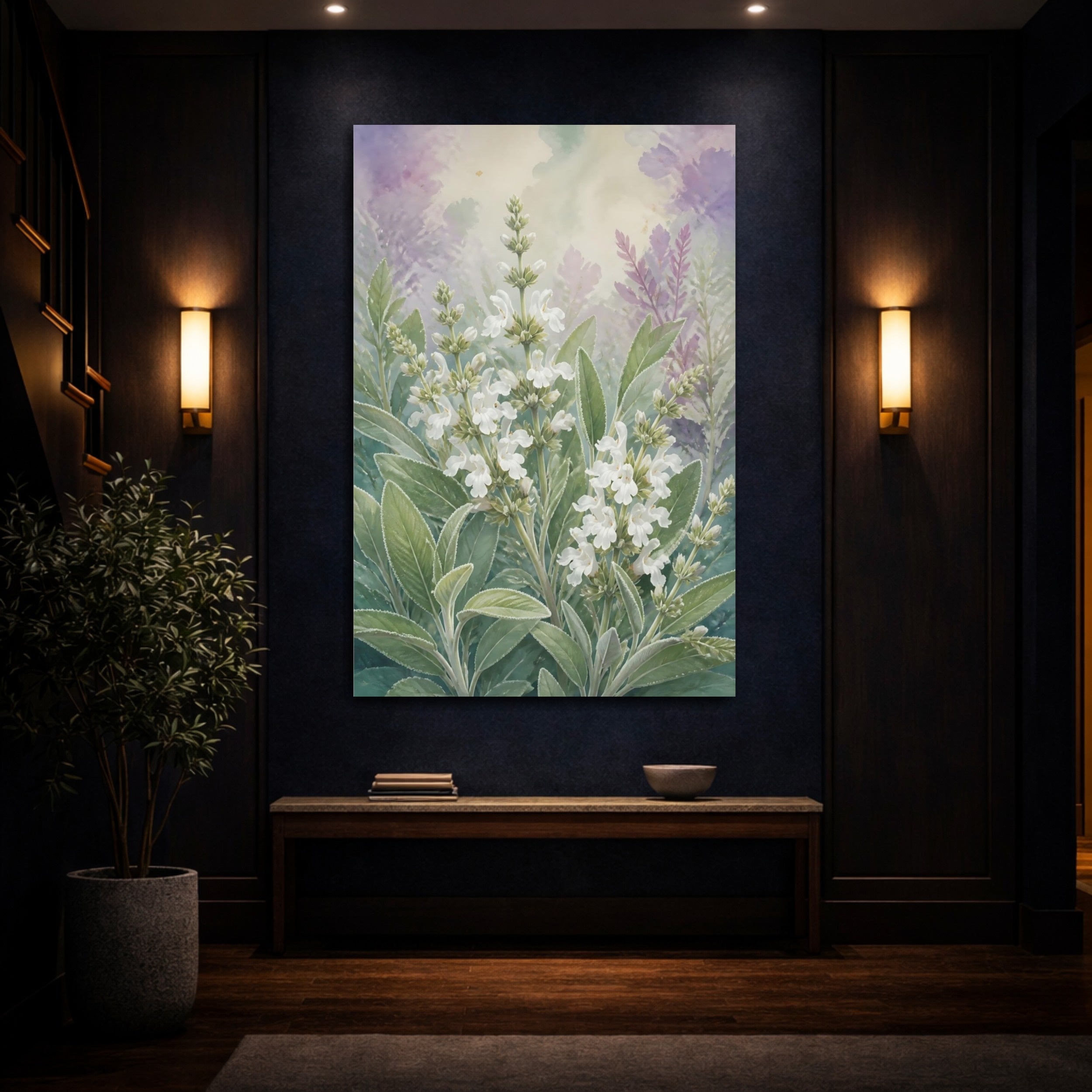 Mockup 4. Floral Sage Flowers White Green Purple shown as stretched canvas wall art