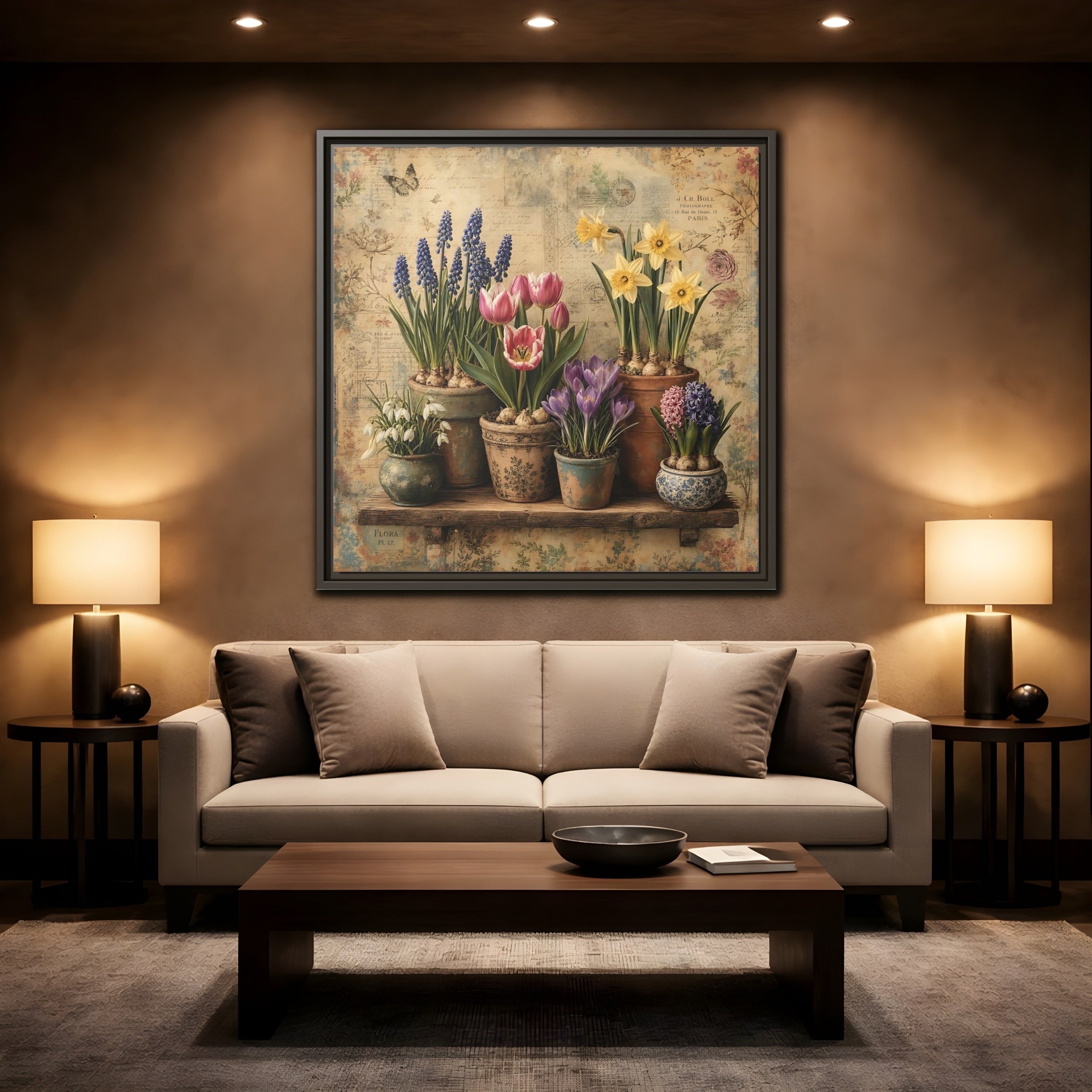 Mockup 2. Floral Spring Flowers Vintage Floral shown as stretched canvas wall art