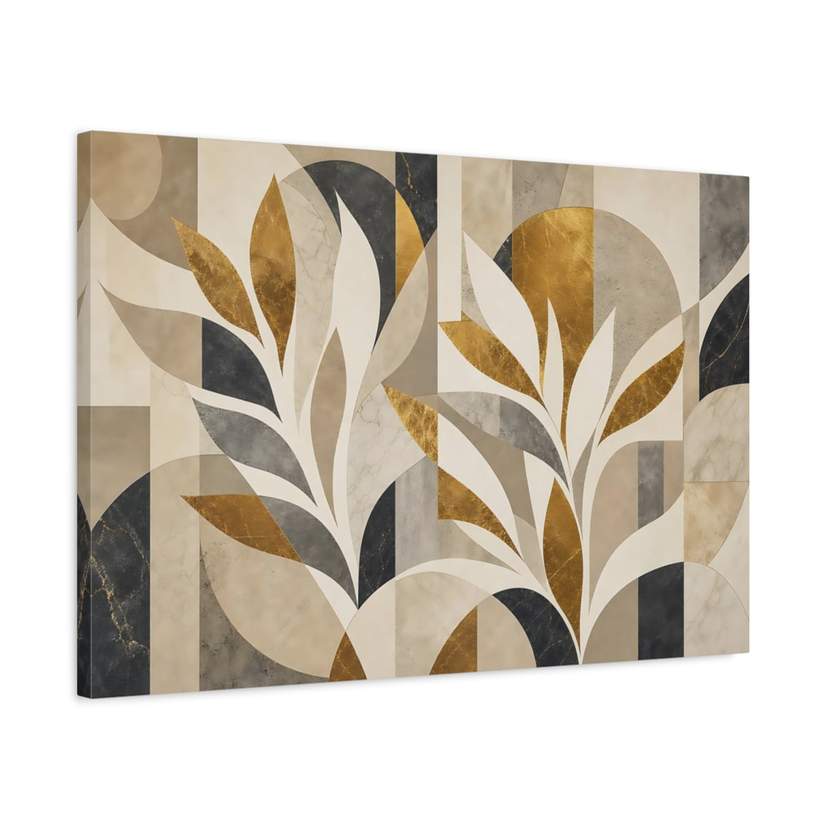 Side Mockup 2. Floral Stylized Leaves Gold Gray Abstract shown as stretched canvas wall art