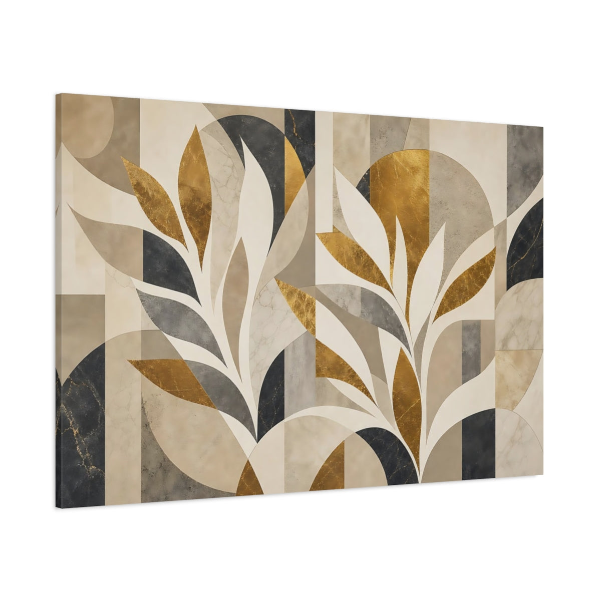 Side Mockup 1. Floral Stylized Leaves Gold Gray Abstract shown as stretched canvas wall art