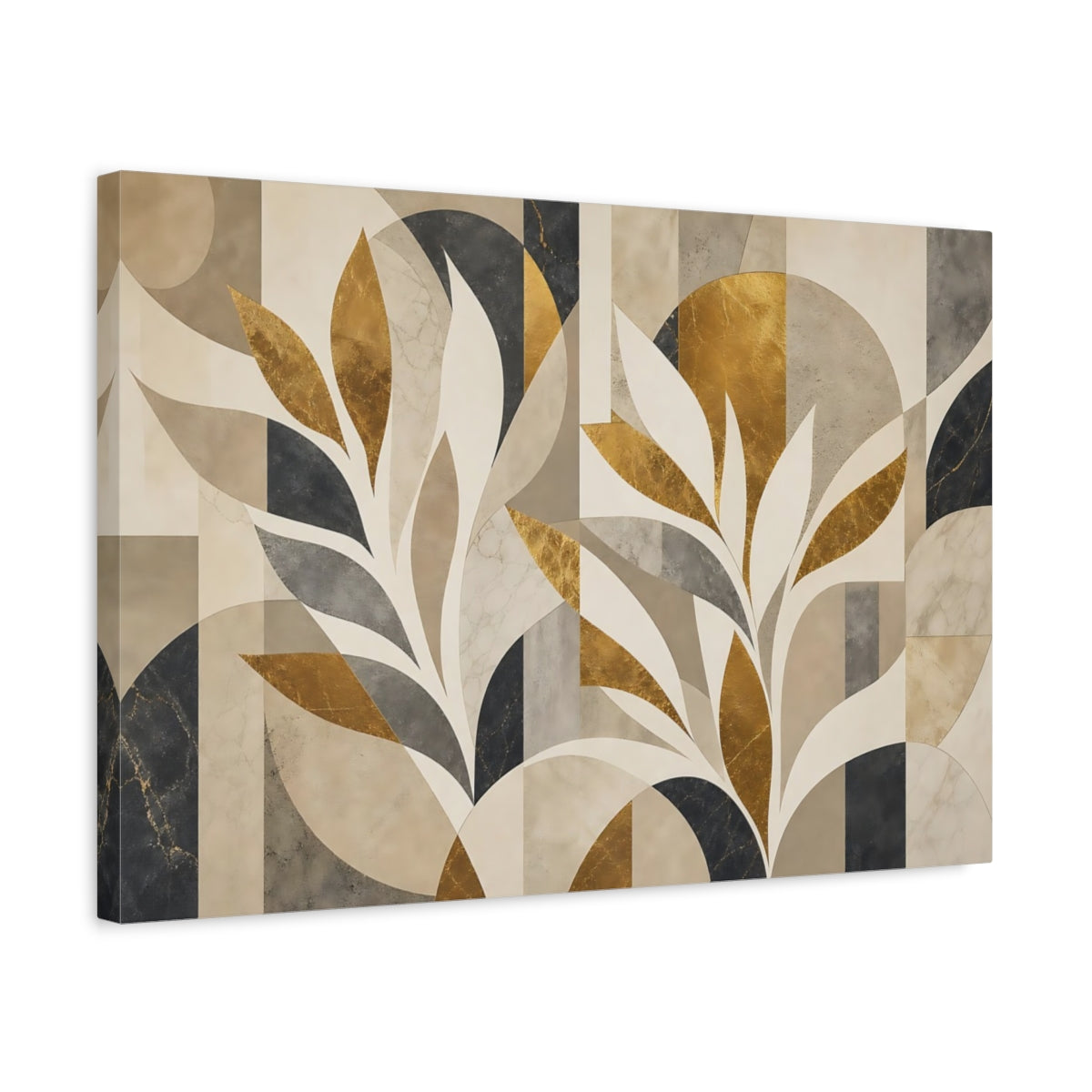 Side Mockup 3. Floral Stylized Leaves Gold Gray Abstract shown as stretched canvas wall art