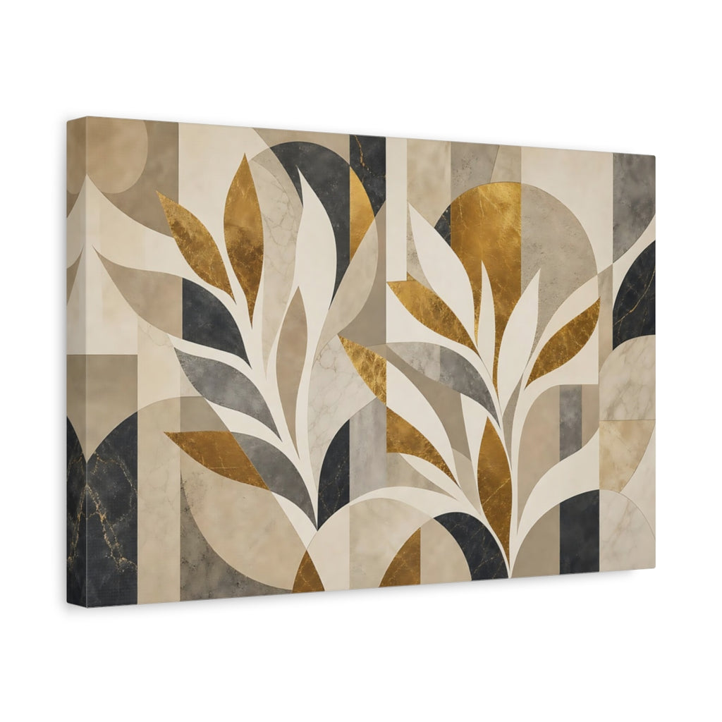 Side Mockup 4. Floral Stylized Leaves Gold Gray Abstract shown as stretched canvas wall art
