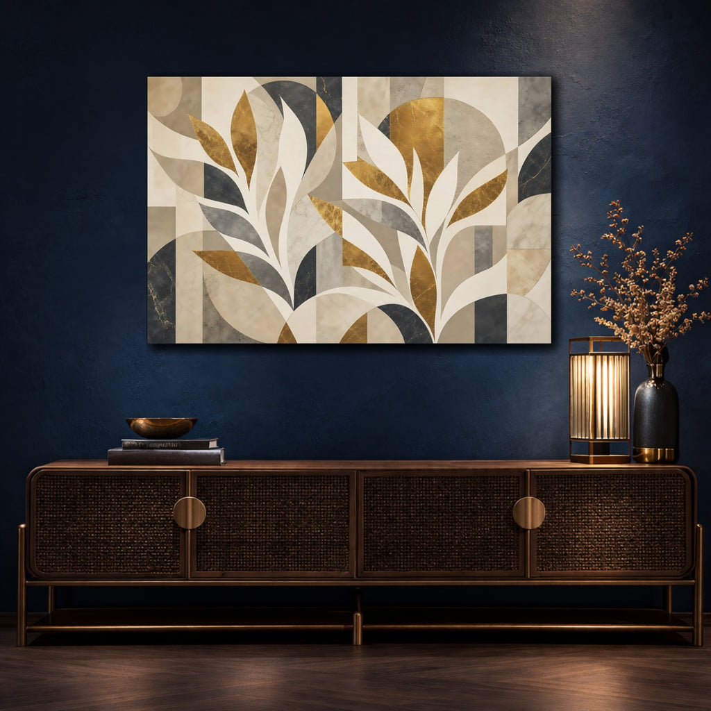 Mockup 4. Floral Stylized Leaves Gold Gray Abstract shown as stretched canvas wall art