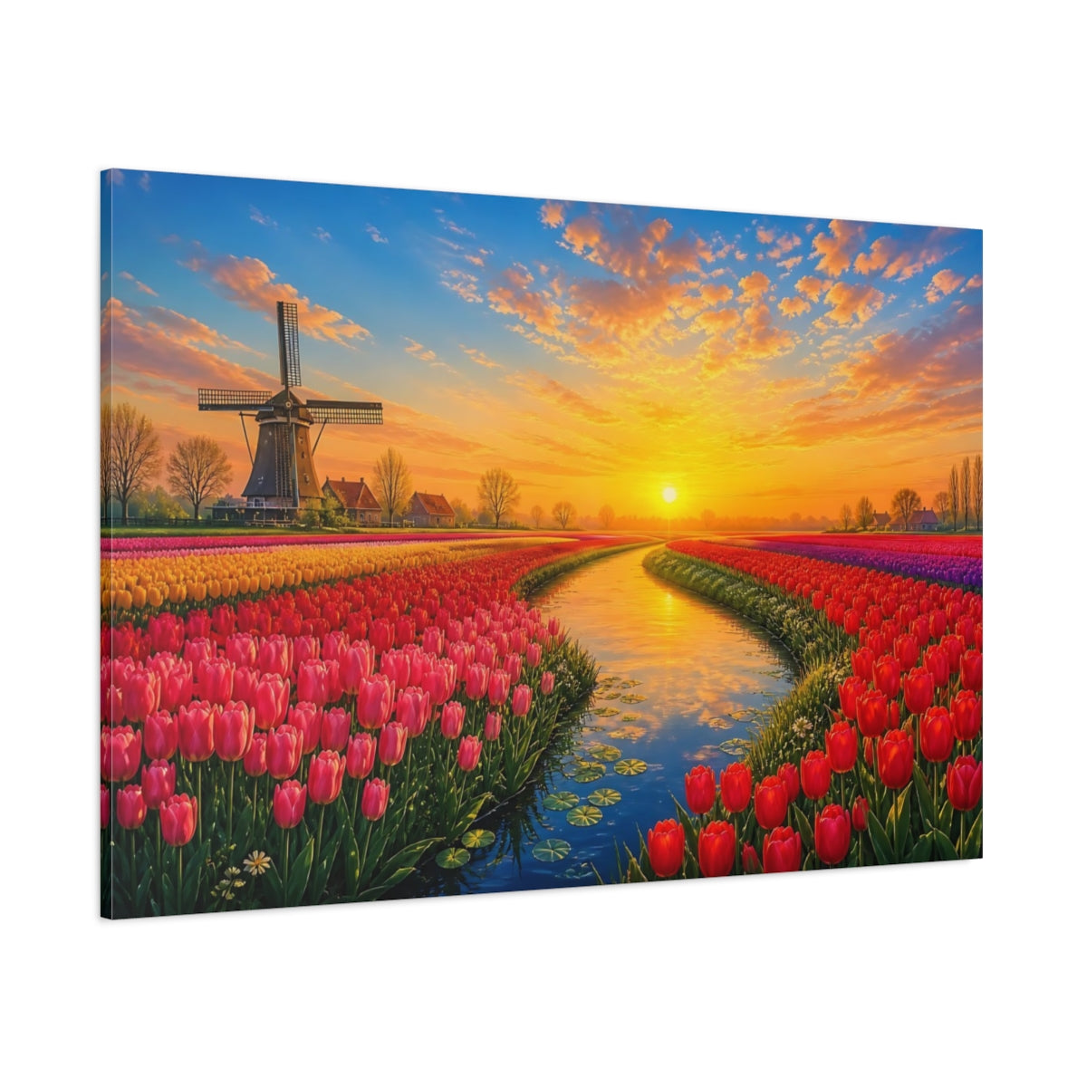 Side Mockup 1. Floral Tulip Field Vibrant Tulip Field shown as stretched canvas wall art