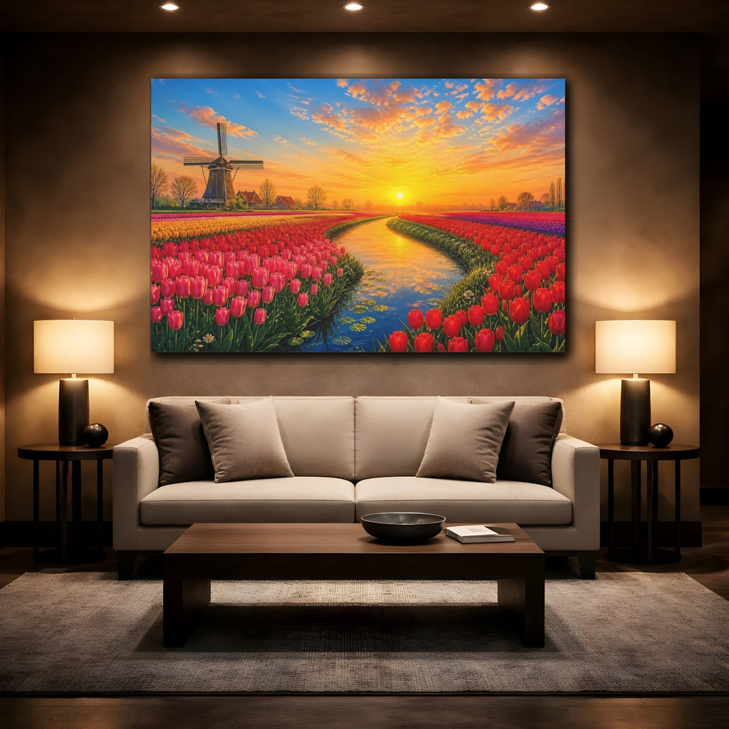 Mockup 2. Floral Tulip Field Vibrant Tulip Field shown as stretched canvas wall art