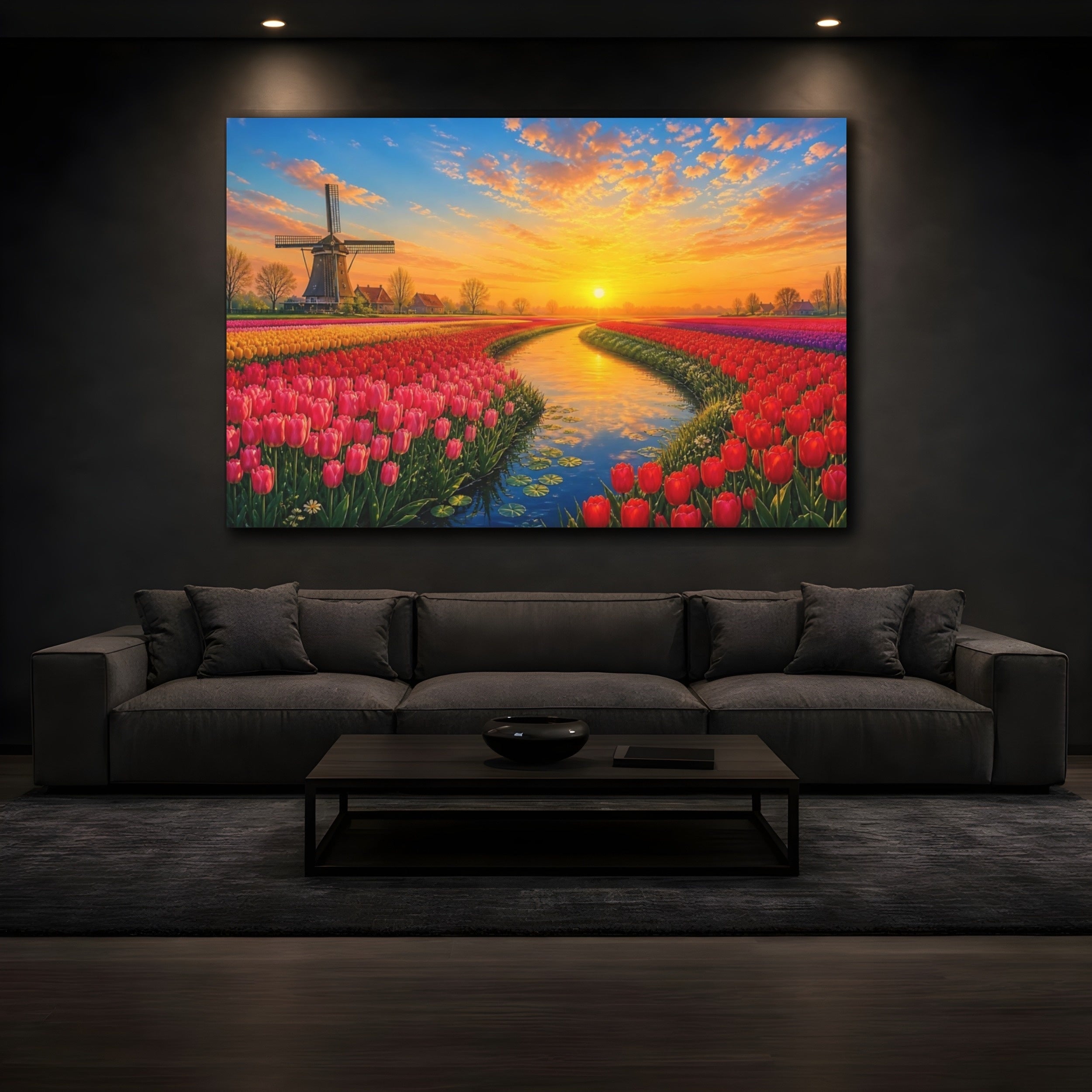 Mockup 3. Floral Tulip Field Vibrant Tulip Field shown as stretched canvas wall art