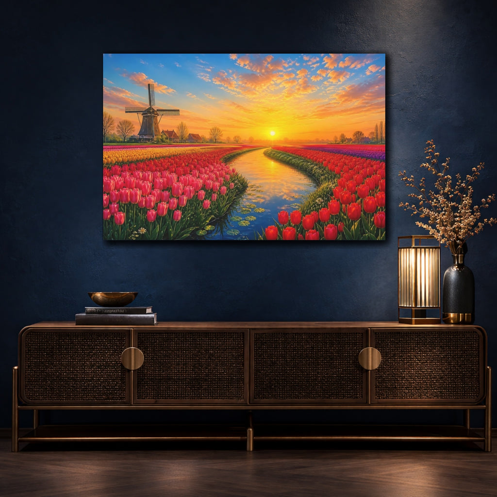 Mockup 4. Floral Tulip Field Vibrant Tulip Field shown as stretched canvas wall art