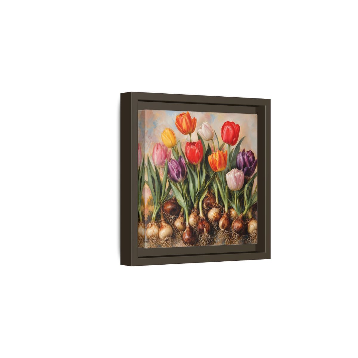 Side Mockup 2. Floral Tulips Colorful Tulip Bulbs shown as stretched canvas wall art