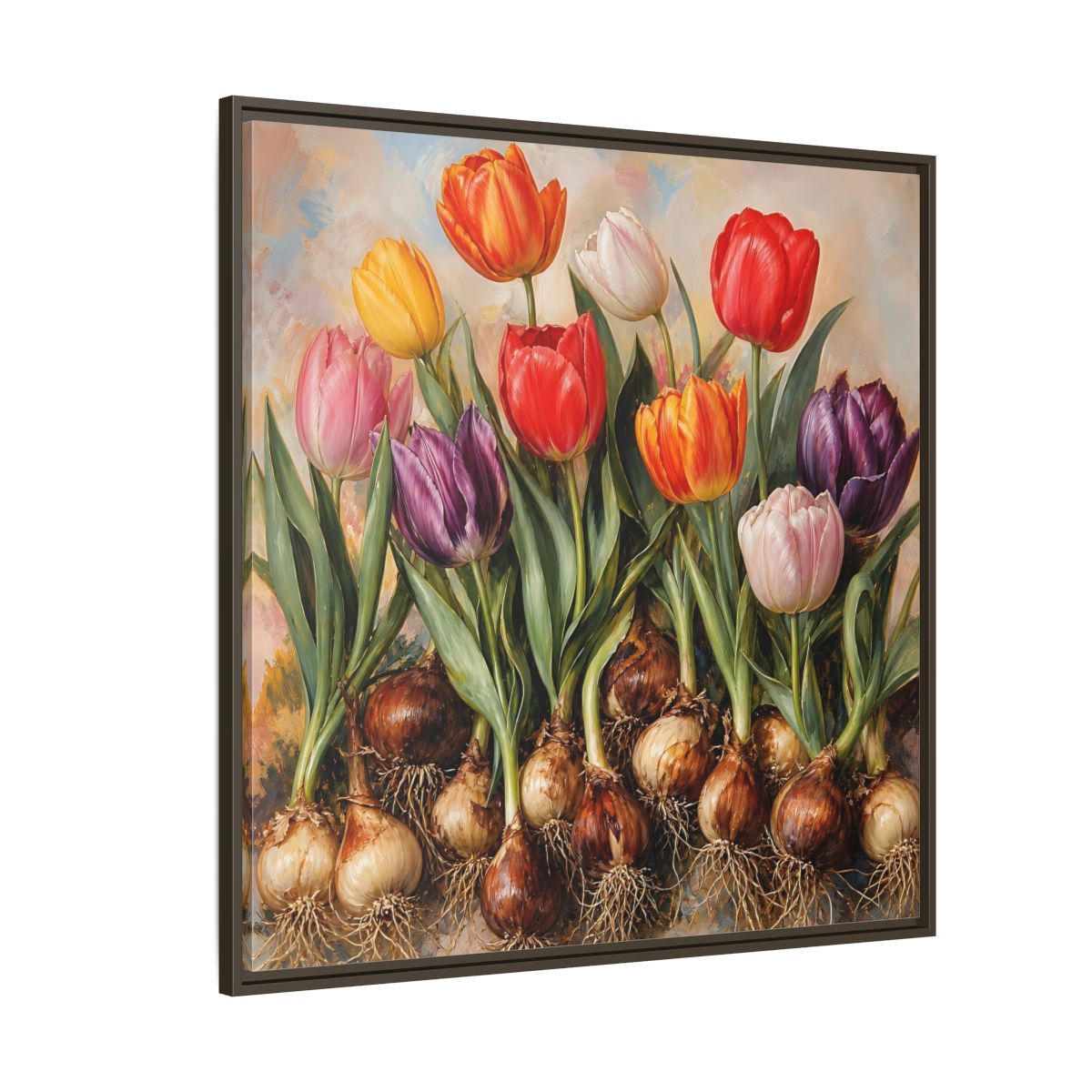 Side Mockup 5. Floral Tulips Colorful Tulip Bulbs shown as stretched canvas wall art