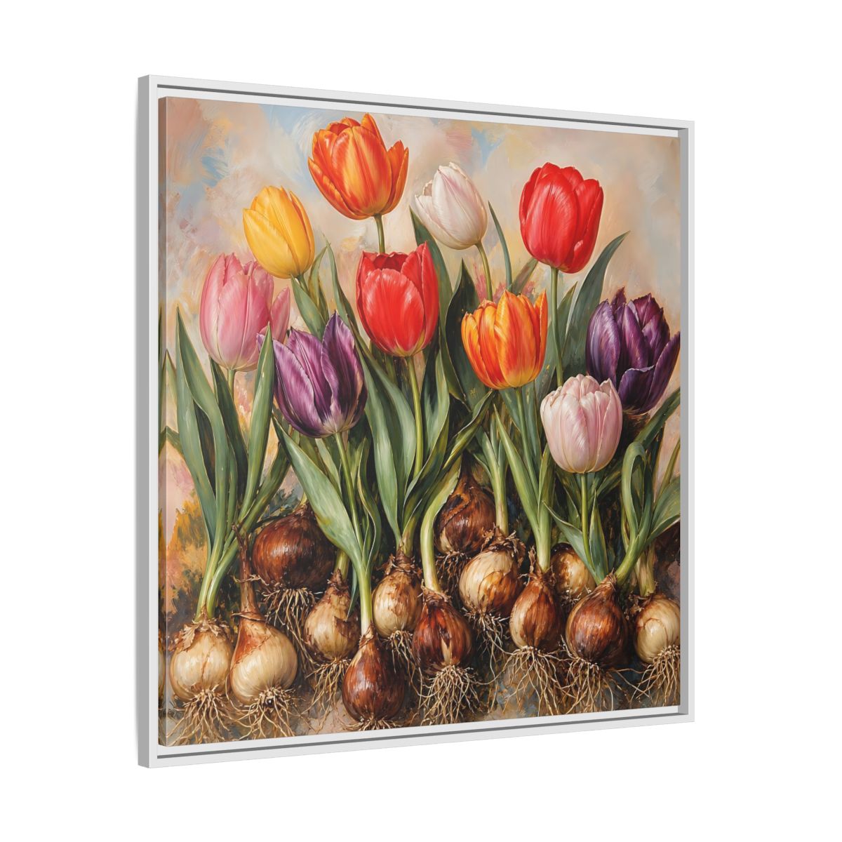 Side Mockup 25. Floral Tulips Colorful Tulip Bulbs shown as stretched canvas wall art