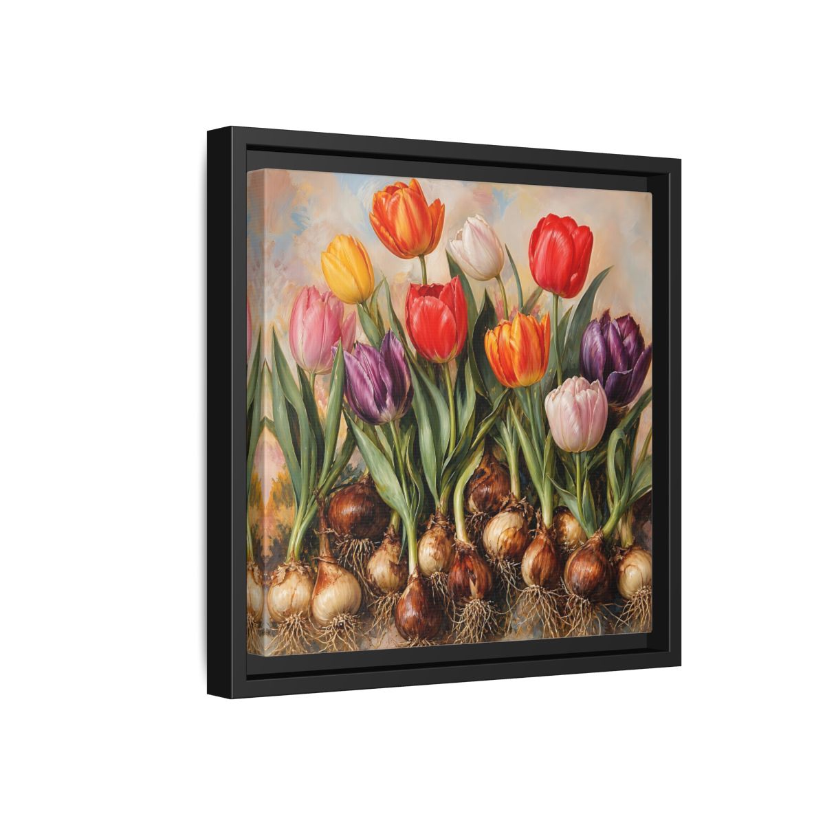 Side Mockup 18. Floral Tulips Colorful Tulip Bulbs shown as stretched canvas wall art