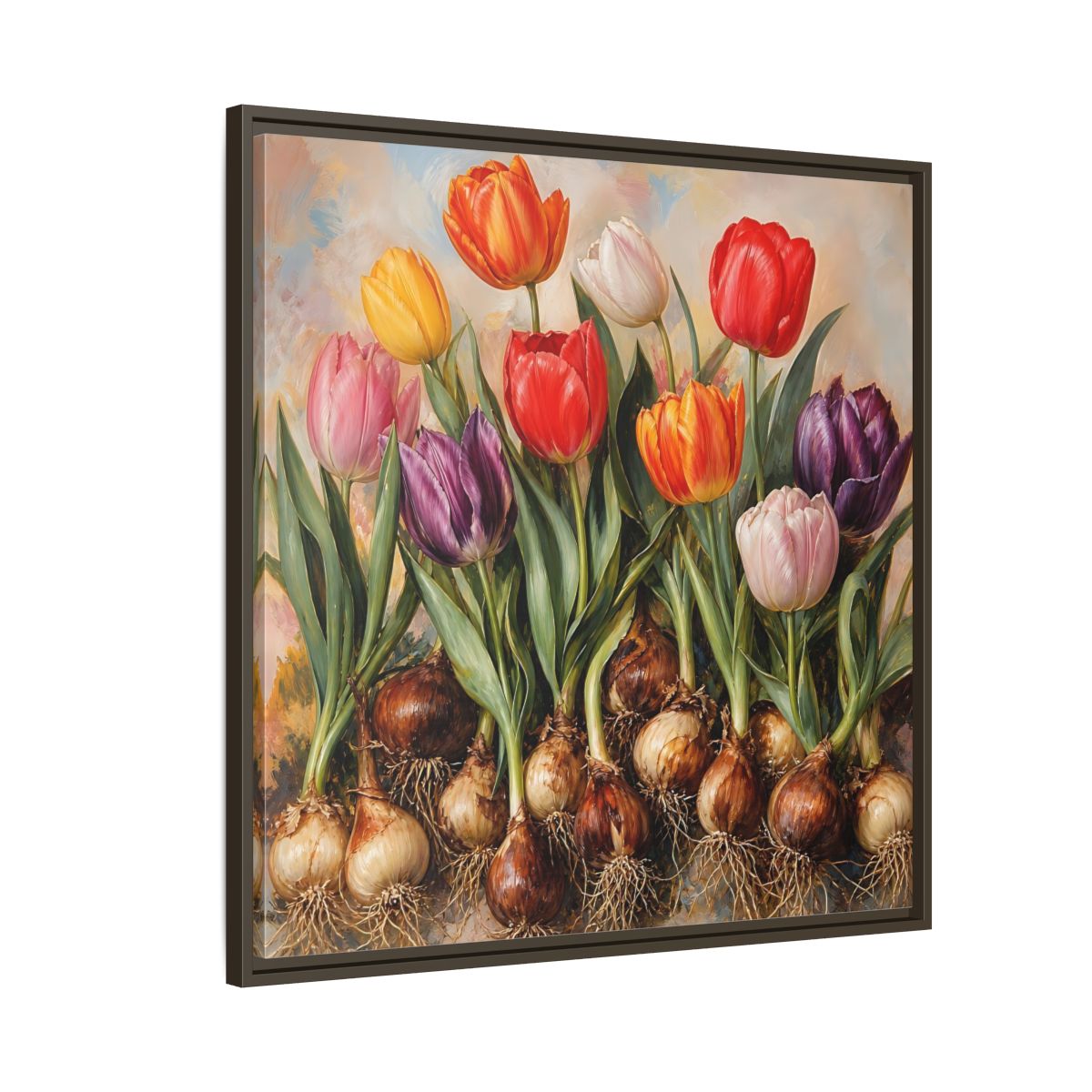 Side Mockup 8. Floral Tulips Colorful Tulip Bulbs shown as stretched canvas wall art