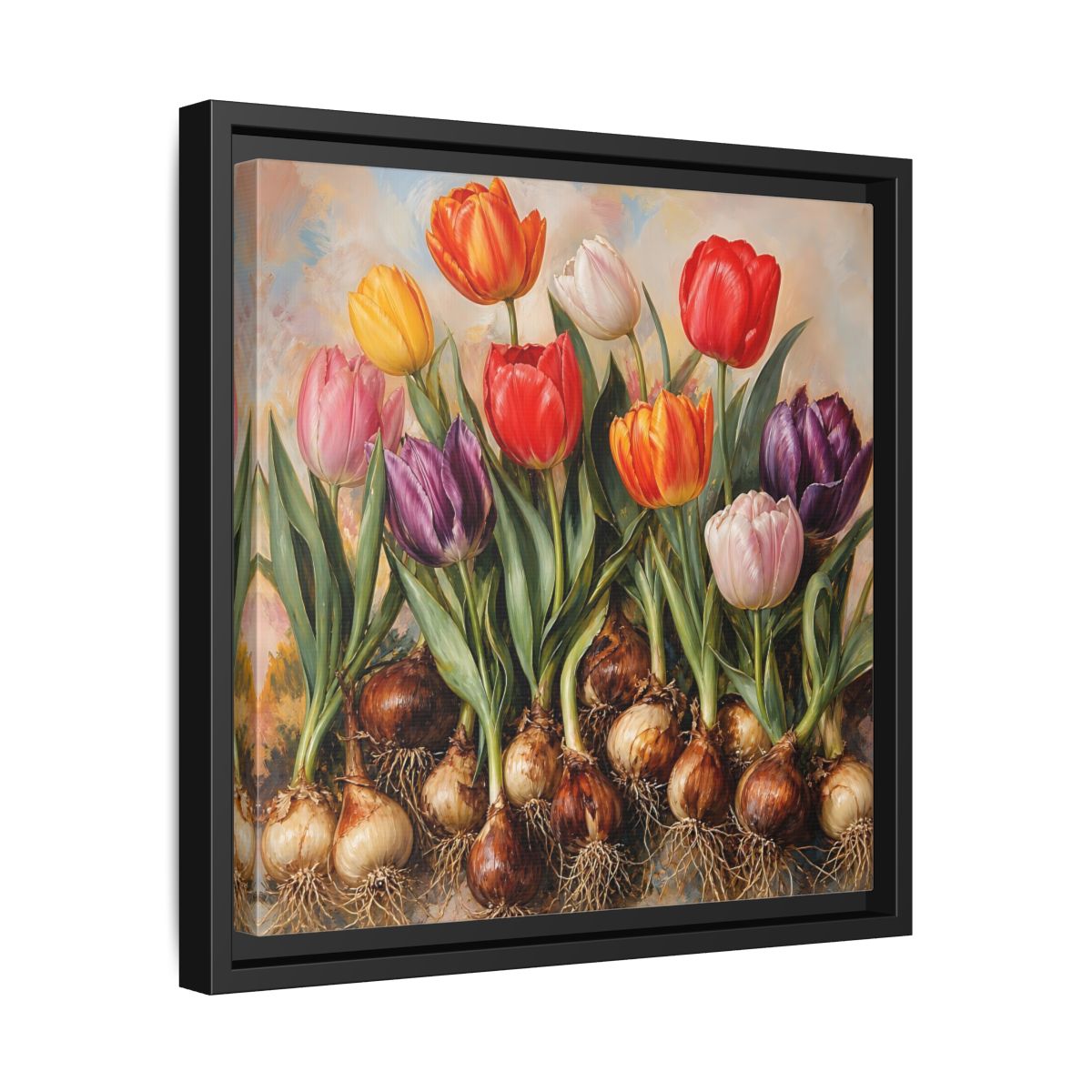 Side Mockup 32. Floral Tulips Colorful Tulip Bulbs shown as stretched canvas wall art