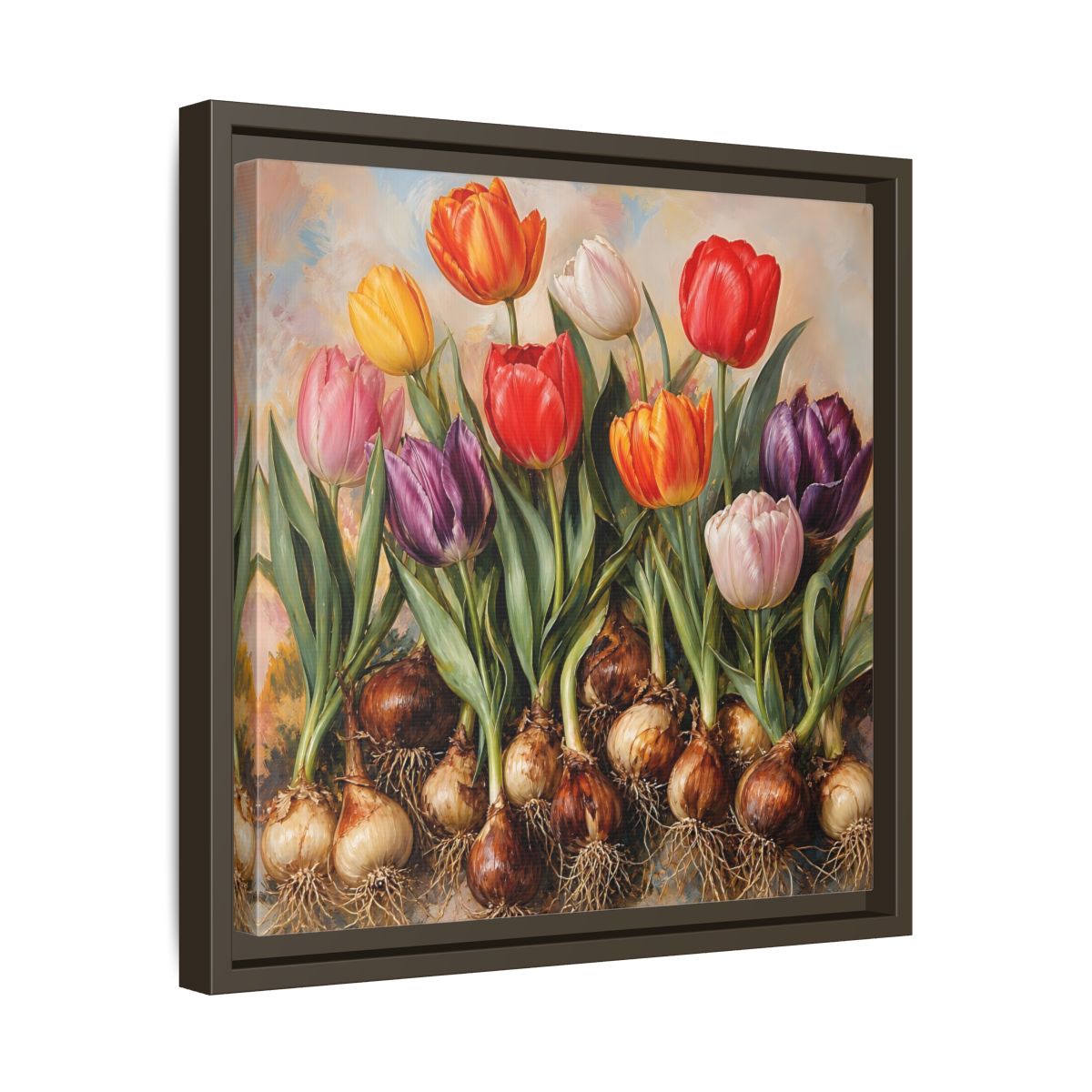Side Mockup 29. Floral Tulips Colorful Tulip Bulbs shown as stretched canvas wall art