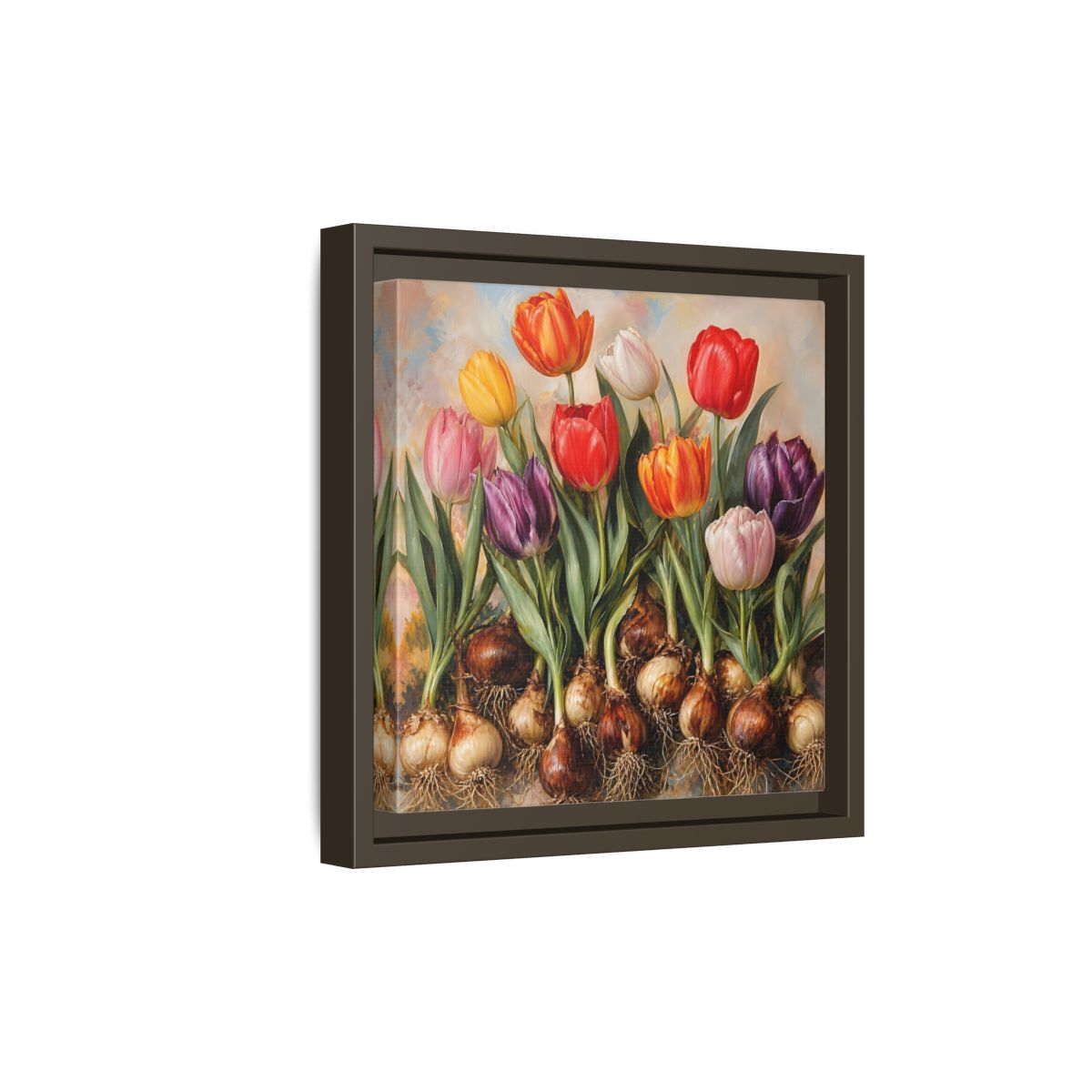 Side Mockup 20. Floral Tulips Colorful Tulip Bulbs shown as stretched canvas wall art